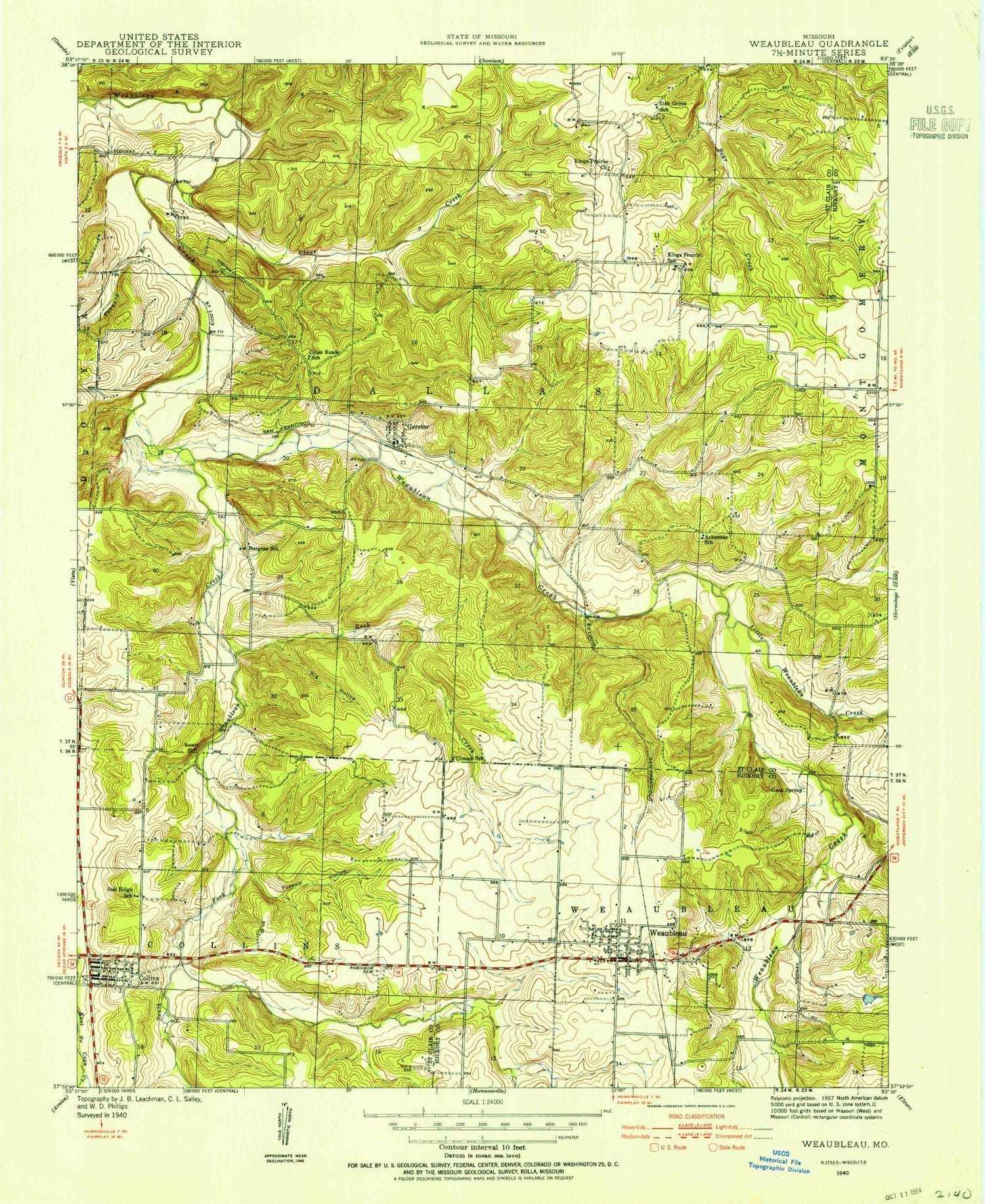 Classic USGS Weaubleau Missouri 7.5'x7.5' Topo Map Image