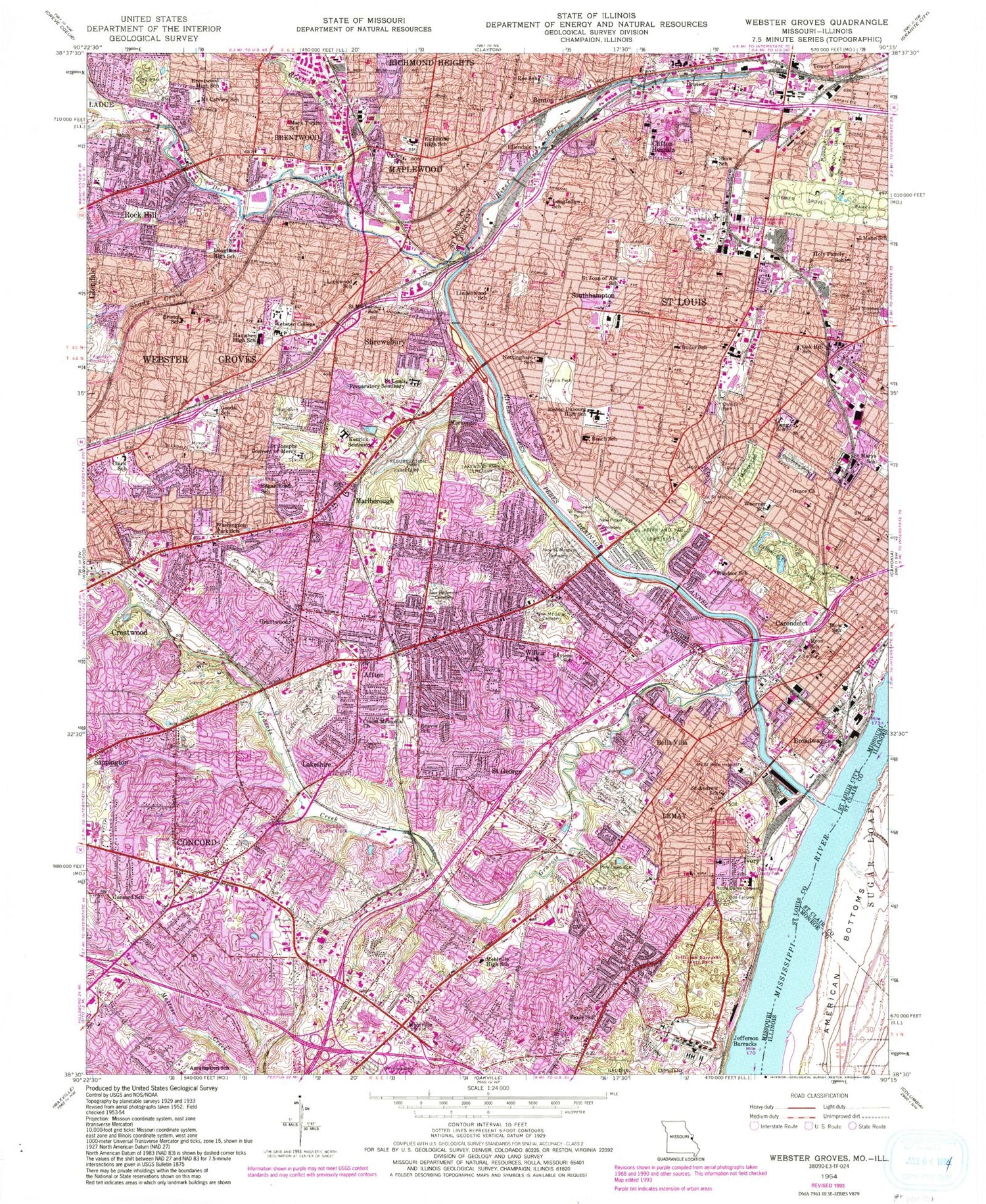 Classic USGS Webster Groves Missouri 7.5'x7.5' Topo Map Image