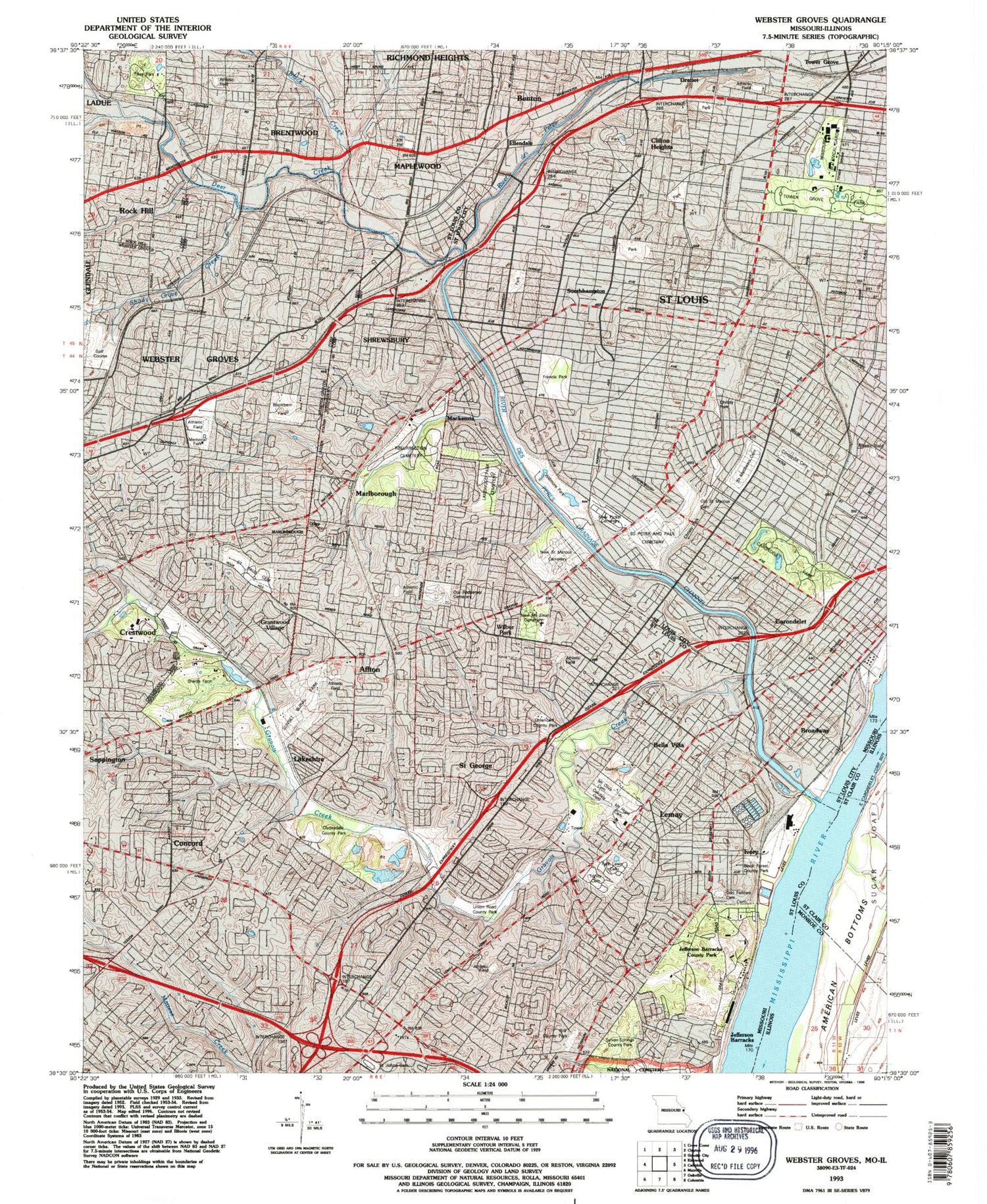 Classic USGS Webster Groves Missouri 7.5'x7.5' Topo Map Image