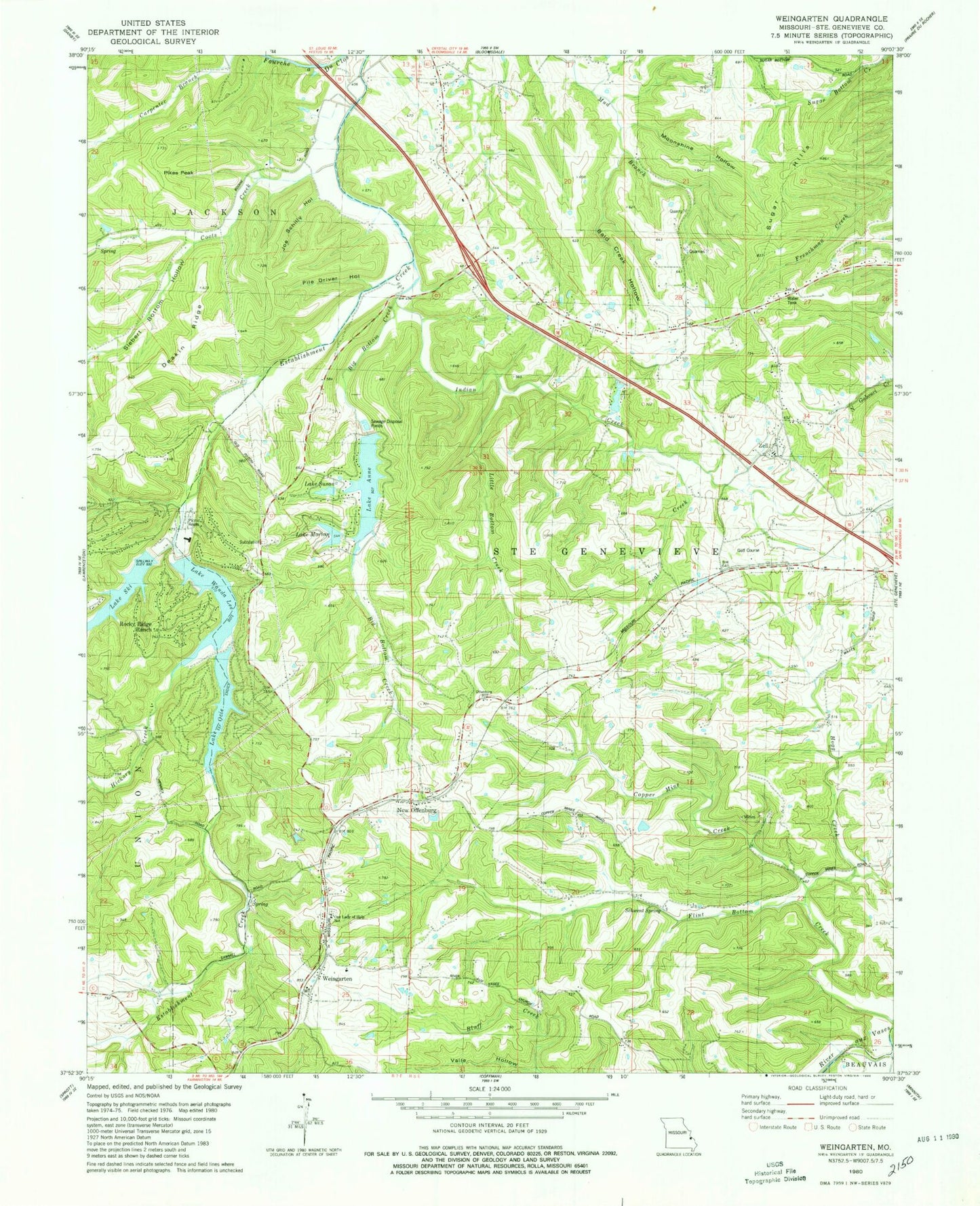 Classic USGS Weingarten Missouri 7.5'x7.5' Topo Map Image