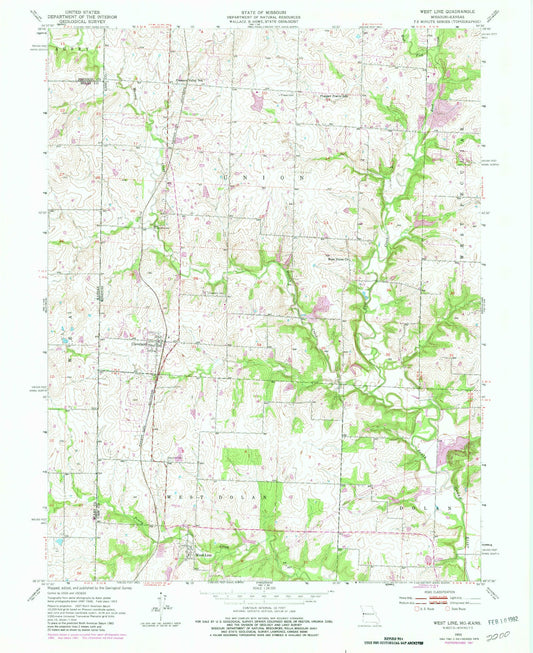Classic USGS West Line Missouri 7.5'x7.5' Topo Map Image