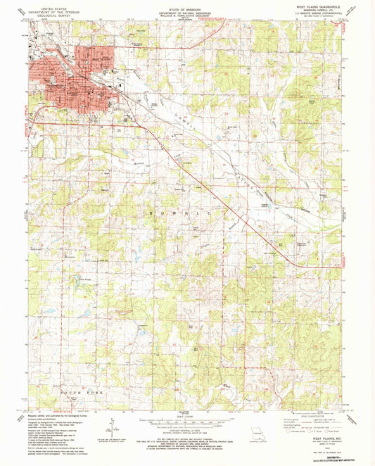 Classic USGS West Plains Missouri 7.5'x7.5' Topo Map Image