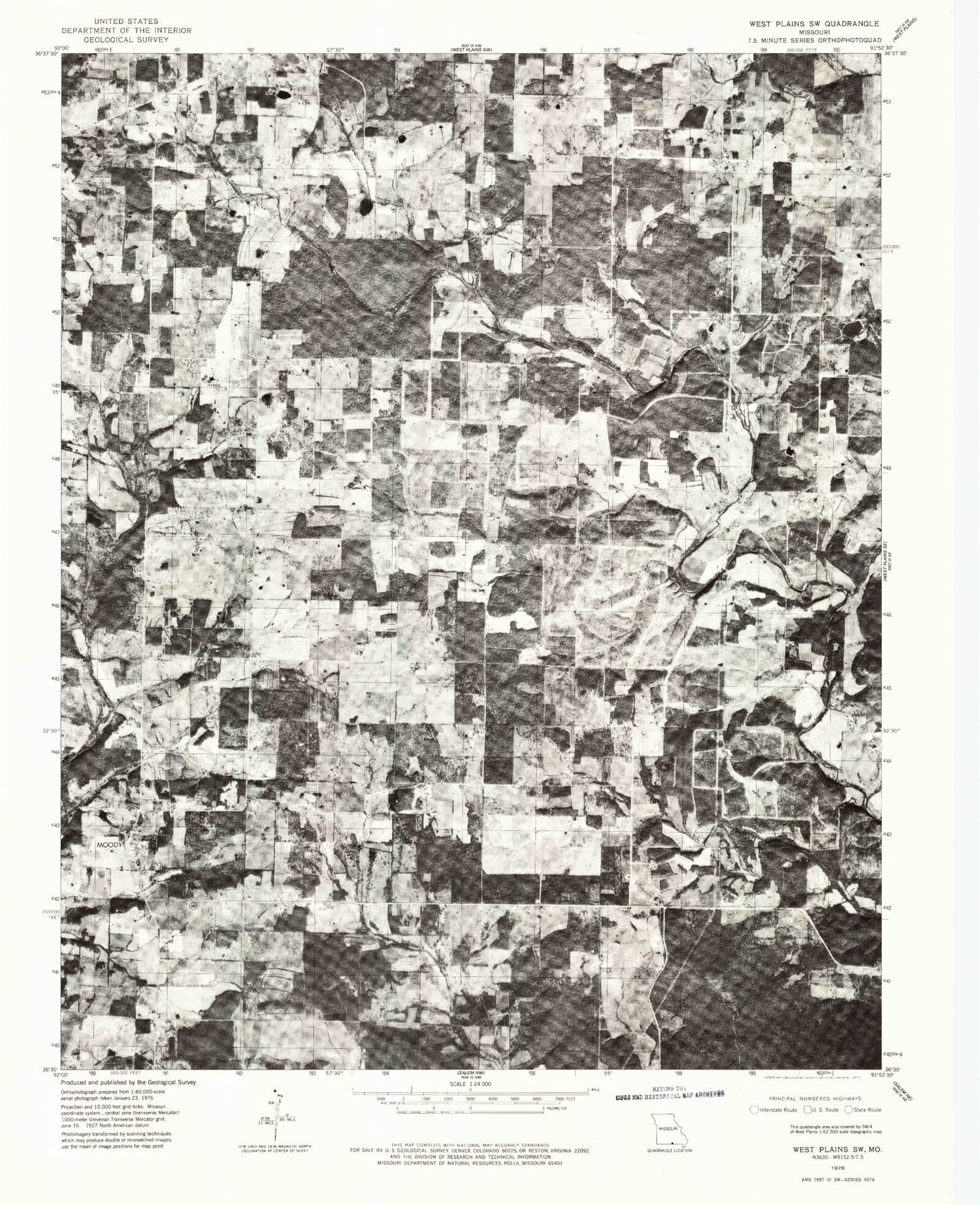 Classic USGS Moody Missouri 7.5'x7.5' Topo Map Image