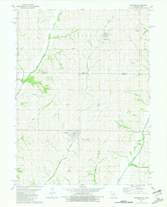 Classic USGS Westboro Missouri 7.5'x7.5' Topo Map Image