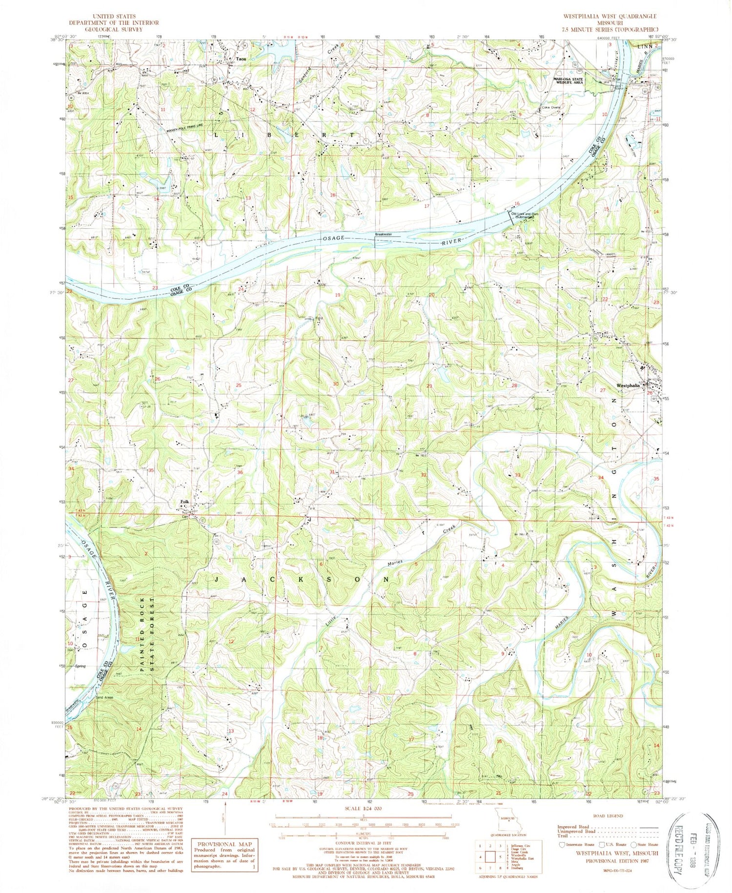 Classic USGS Westphalia West Missouri 7.5'x7.5' Topo Map Image