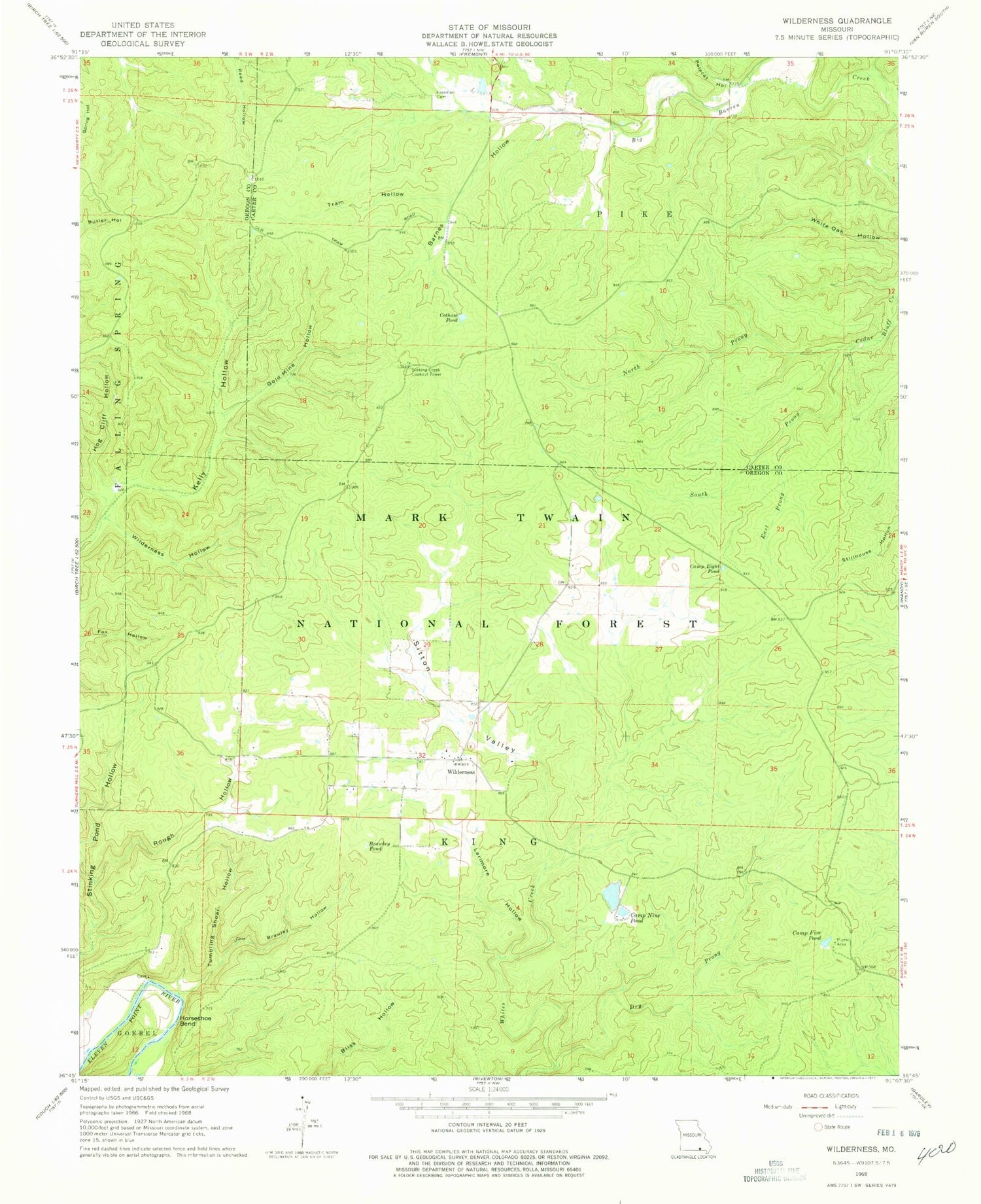 Classic USGS Wilderness Missouri 7.5'x7.5' Topo Map Image