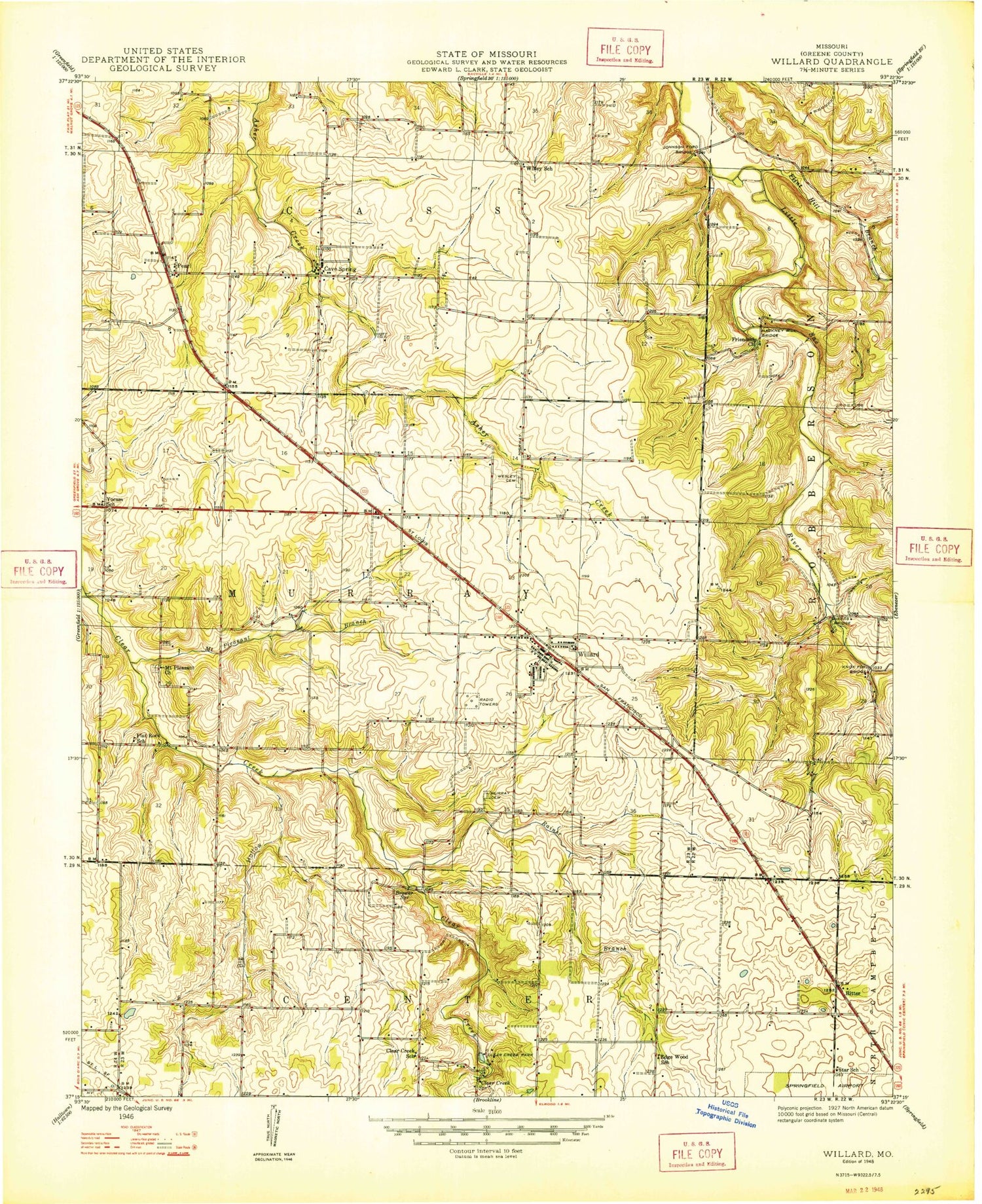 Classic USGS Willard Missouri 7.5'x7.5' Topo Map Image