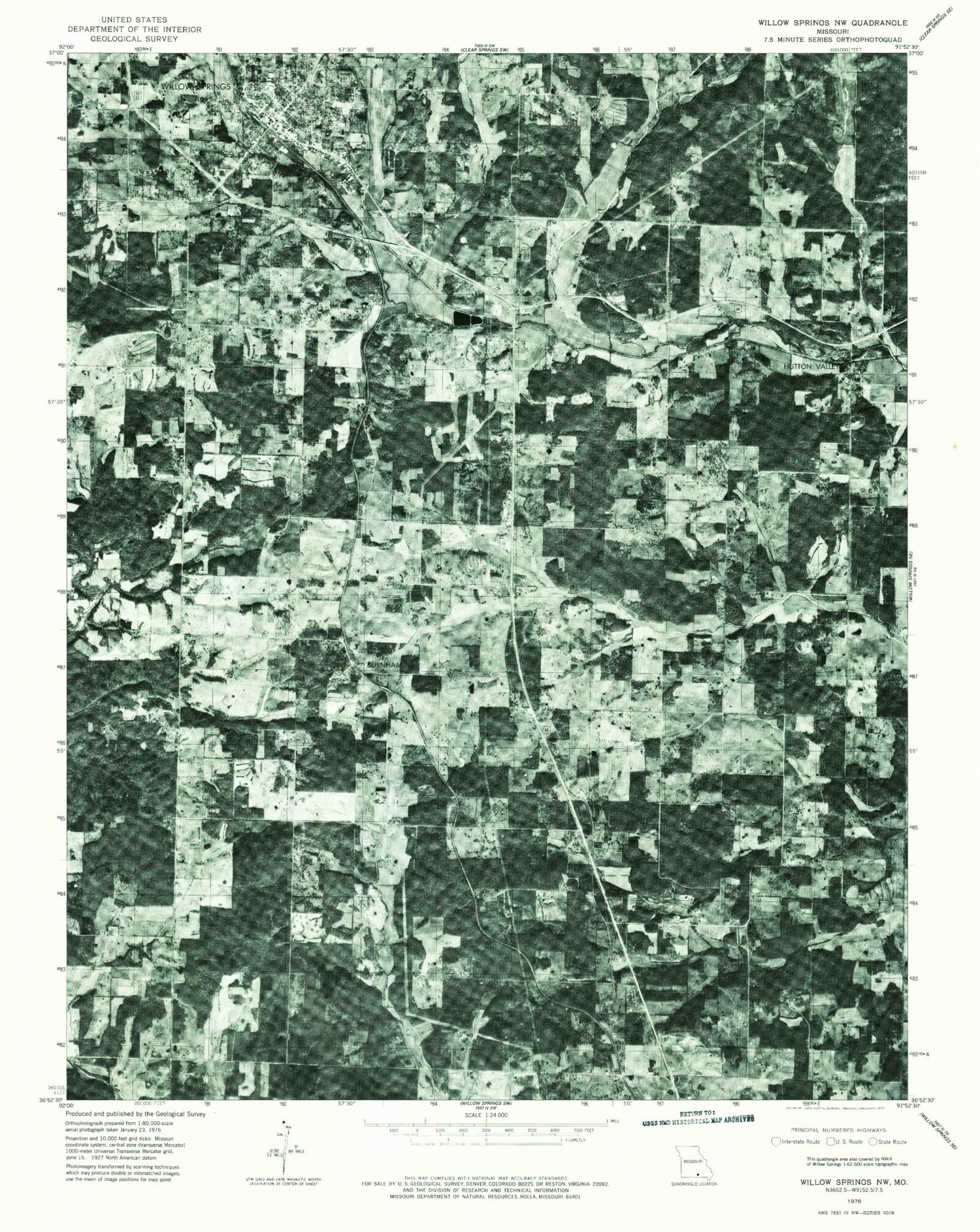 Classic USGS Willow Springs South Missouri 7.5'x7.5' Topo Map Image