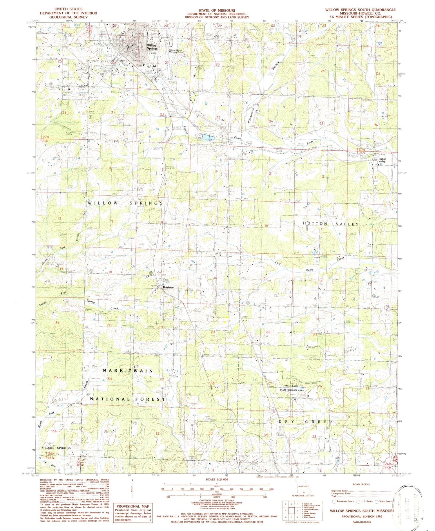 Classic USGS Willow Springs South Missouri 7.5'x7.5' Topo Map Image