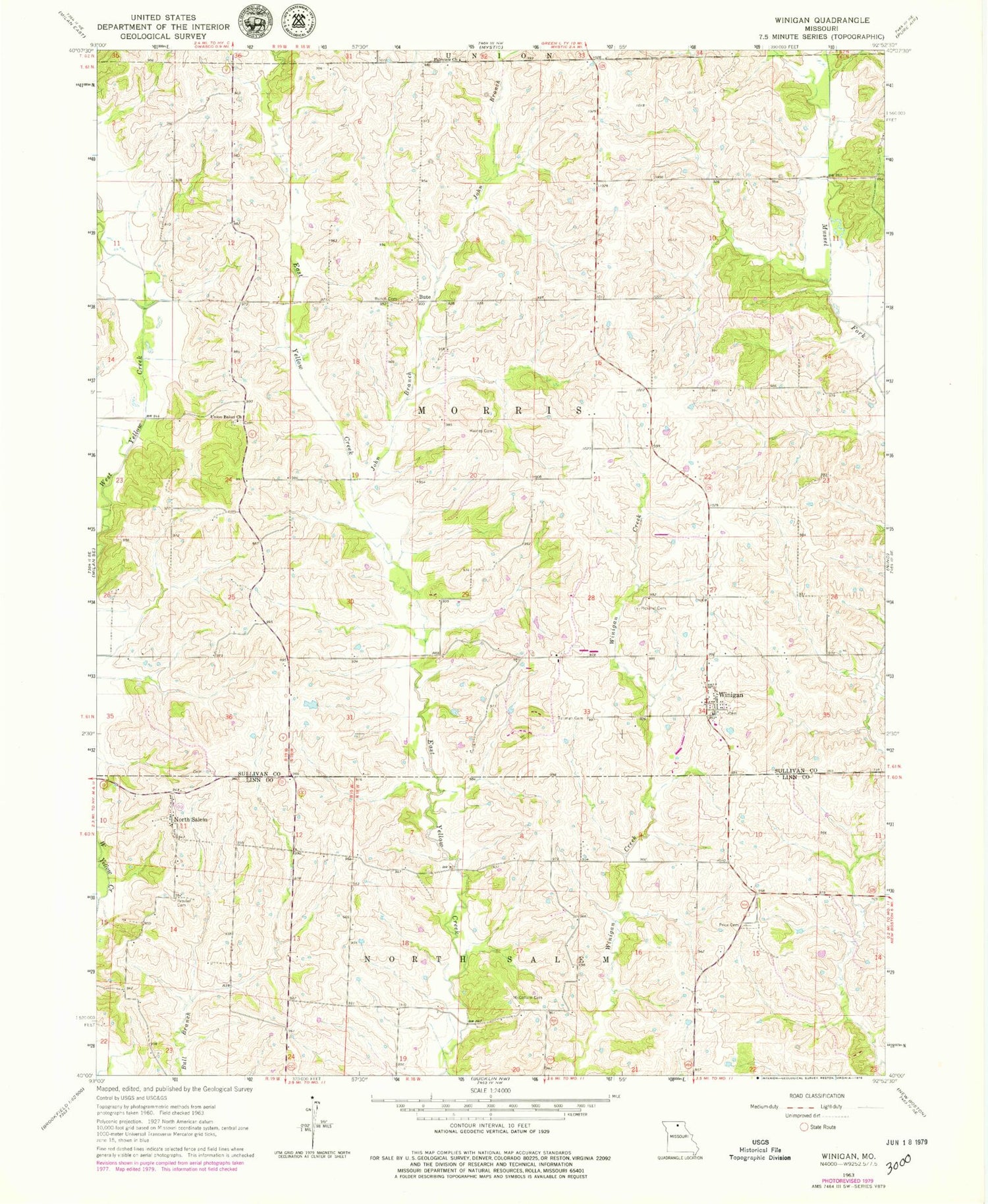 Classic USGS Winigan Missouri 7.5'x7.5' Topo Map Image