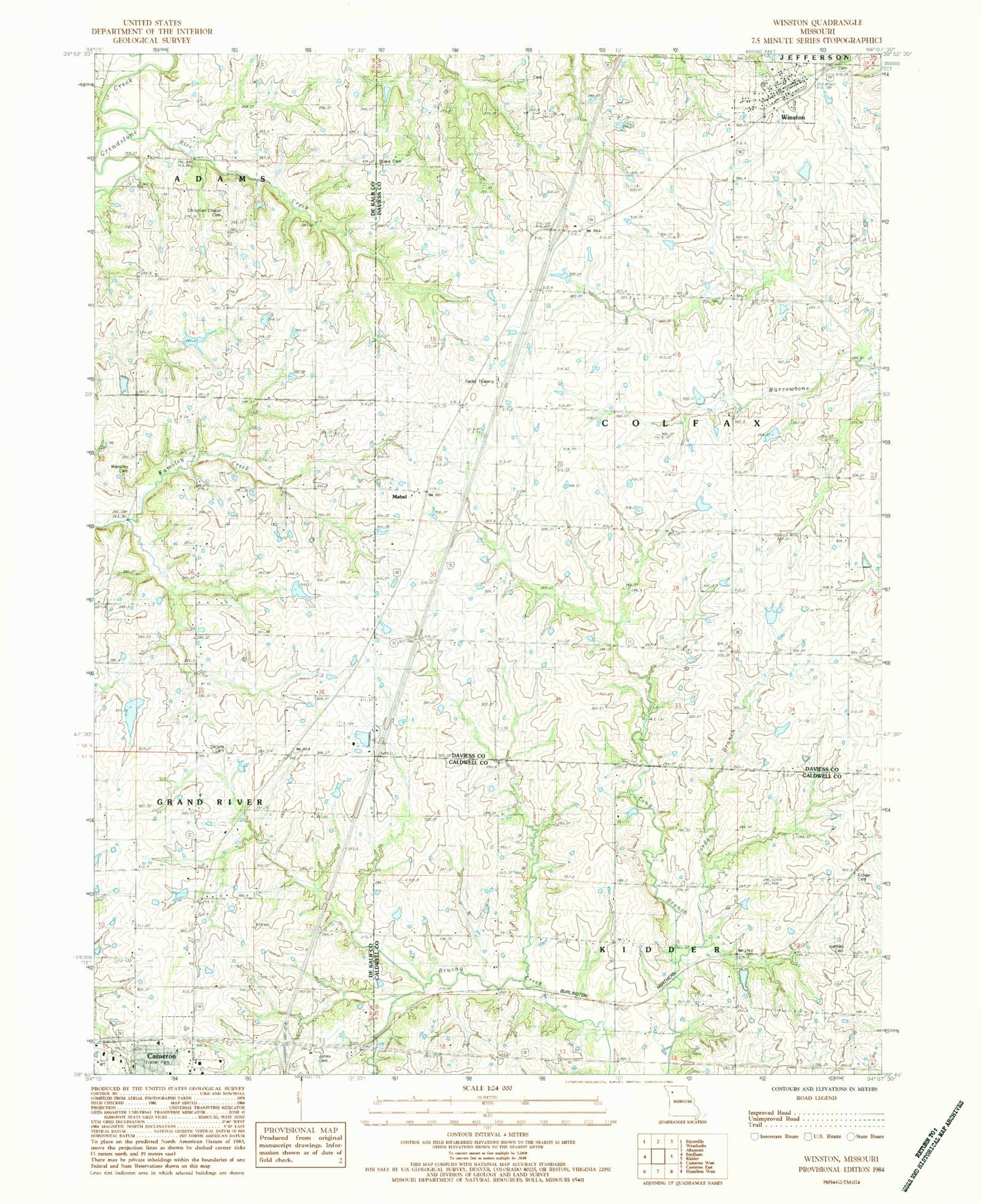 Classic USGS Winston Missouri 7.5'x7.5' Topo Map Image