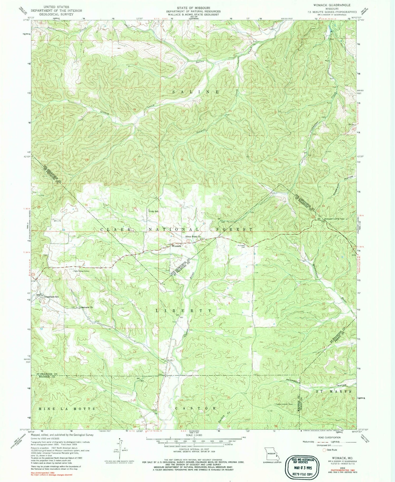 Classic USGS Womack Missouri 7.5'x7.5' Topo Map Image