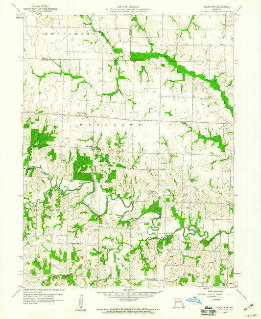 Classic USGS Woodlawn Missouri 7.5'x7.5' Topo Map Image