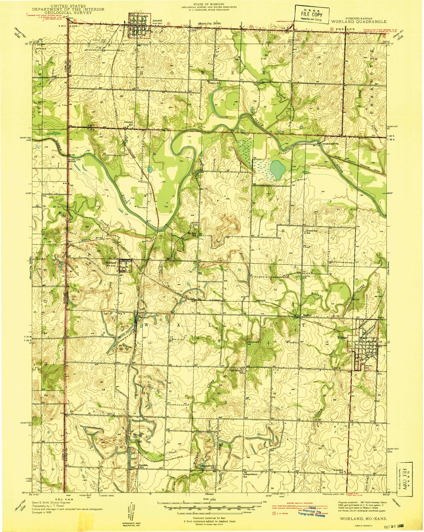 Classic USGS Worland Missouri 7.5'x7.5' Topo Map Image