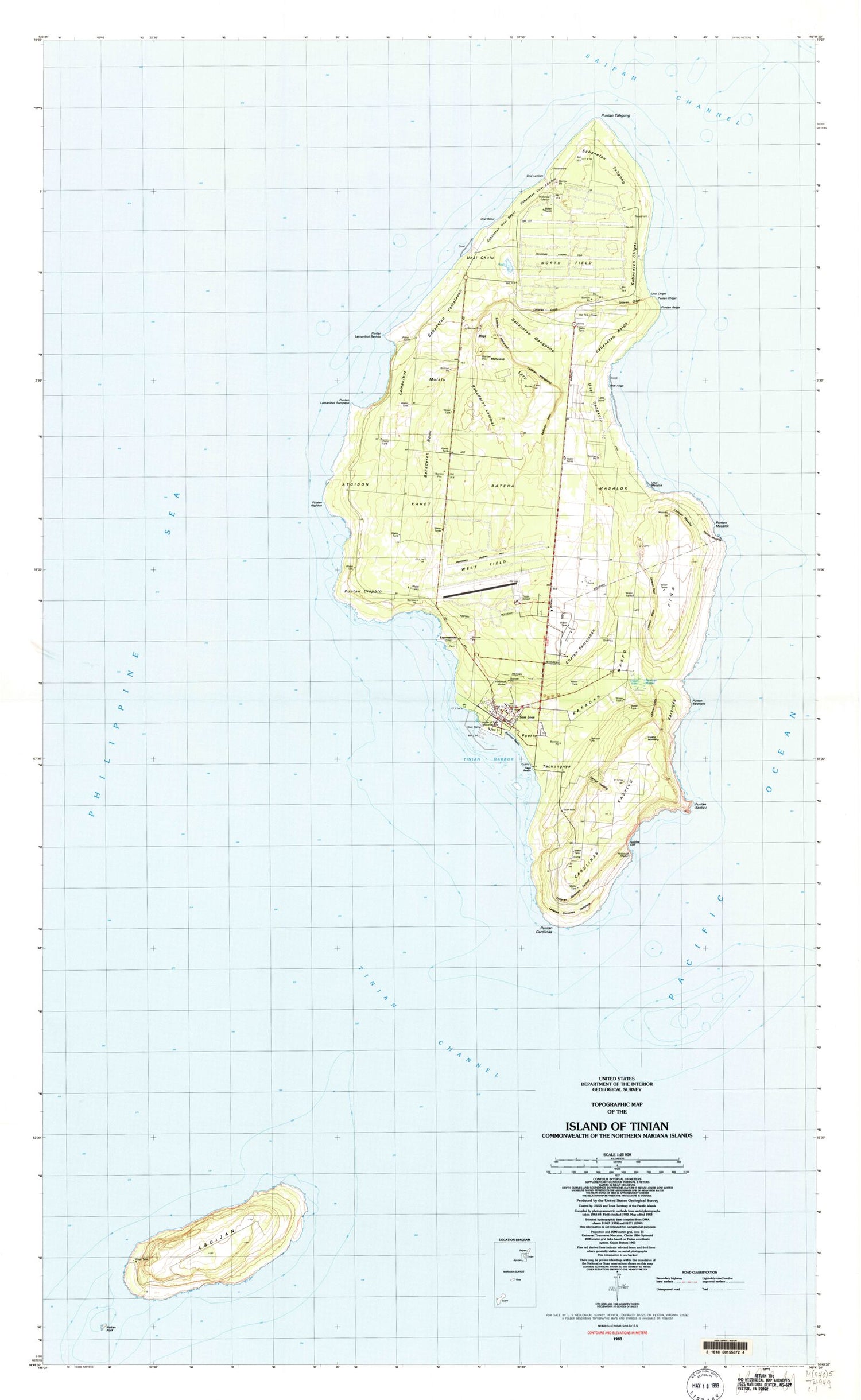 Classic USGS Island of Tinian Northern Mariana Islands 7.5'x7.5' Topo Map Image