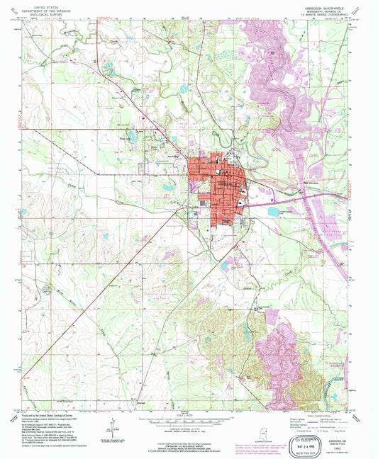 Classic USGS Aberdeen Mississippi 7.5'x7.5' Topo Map Image