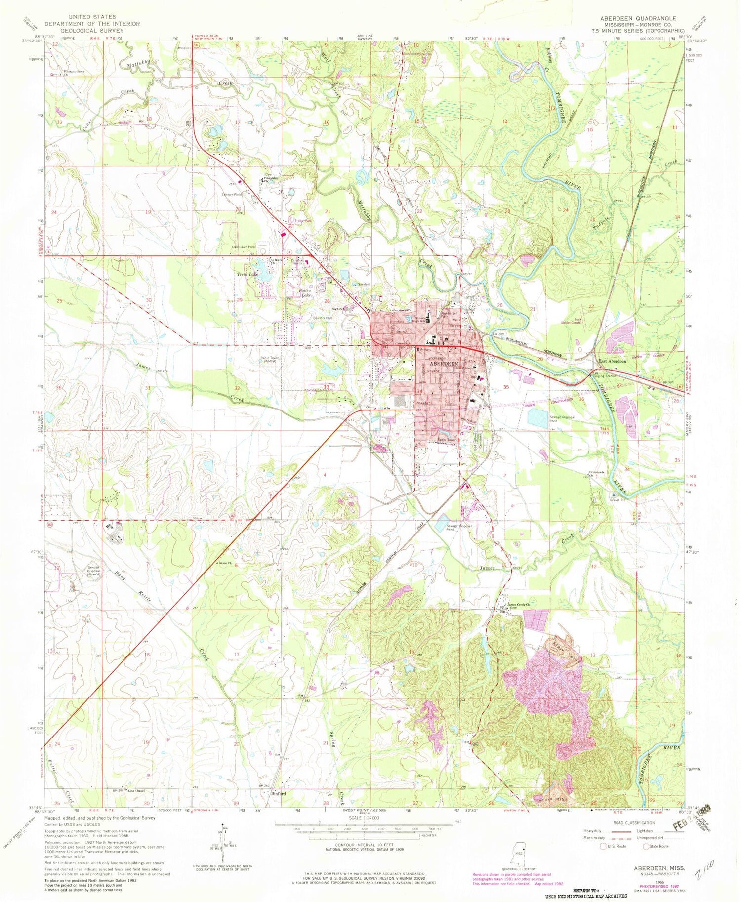 Classic USGS Aberdeen Mississippi 7.5'x7.5' Topo Map Image