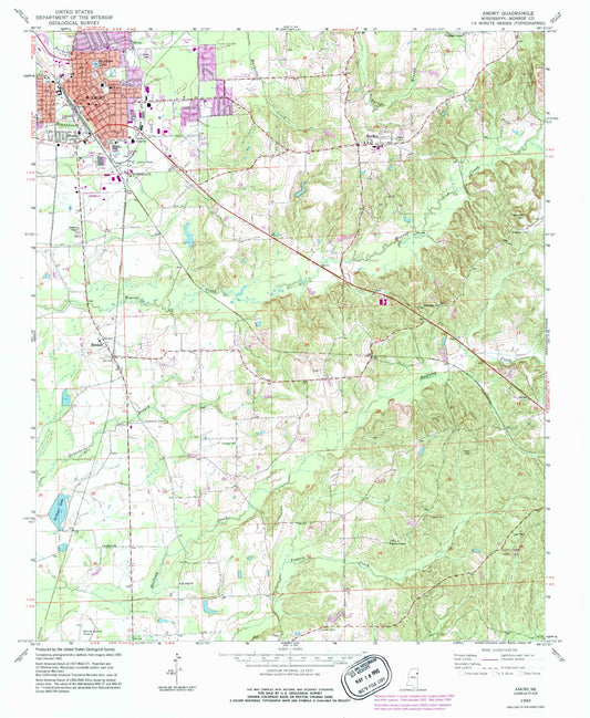 Classic USGS Amory Mississippi 7.5'x7.5' Topo Map Image