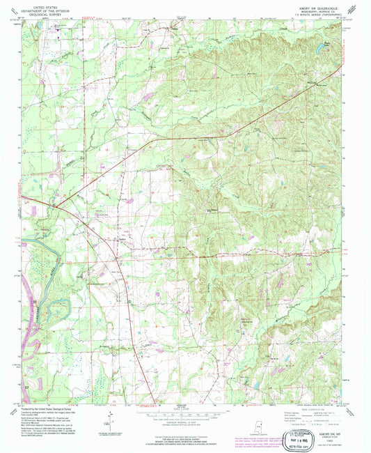 Classic USGS Amory SW Mississippi 7.5'x7.5' Topo Map Image