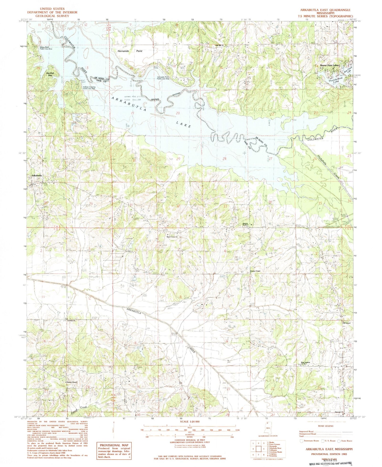 Classic USGS Arkabutla East Mississippi 7.5'x7.5' Topo Map Image