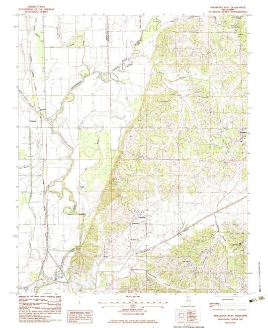 Classic USGS Arkabutla West Mississippi 7.5'x7.5' Topo Map Image