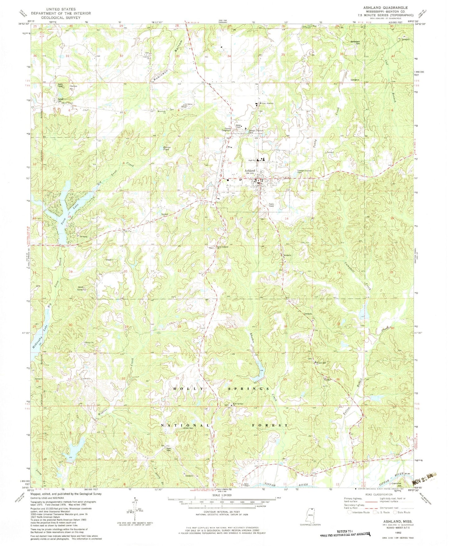 Classic USGS Ashland Mississippi 7.5'x7.5' Topo Map Image