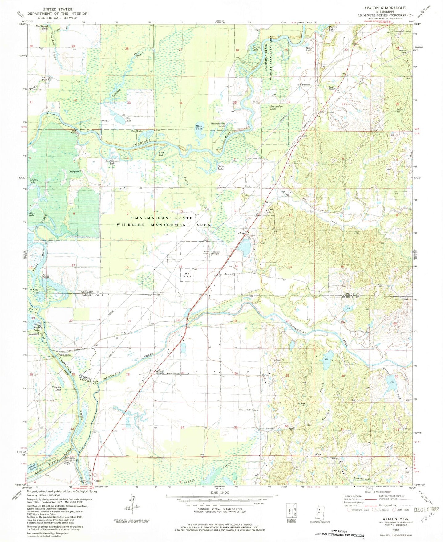 Classic USGS Avalon Mississippi 7.5'x7.5' Topo Map Image