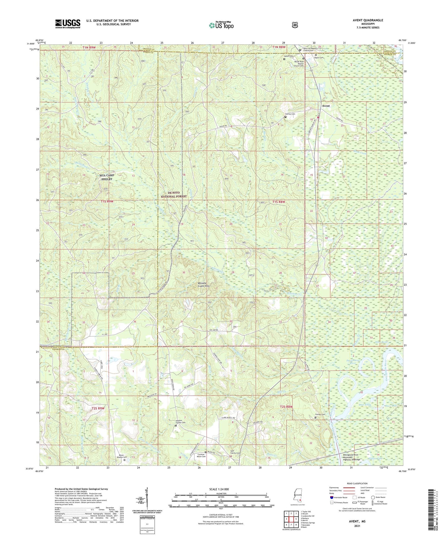 Avent Mississippi US Topo Map Image