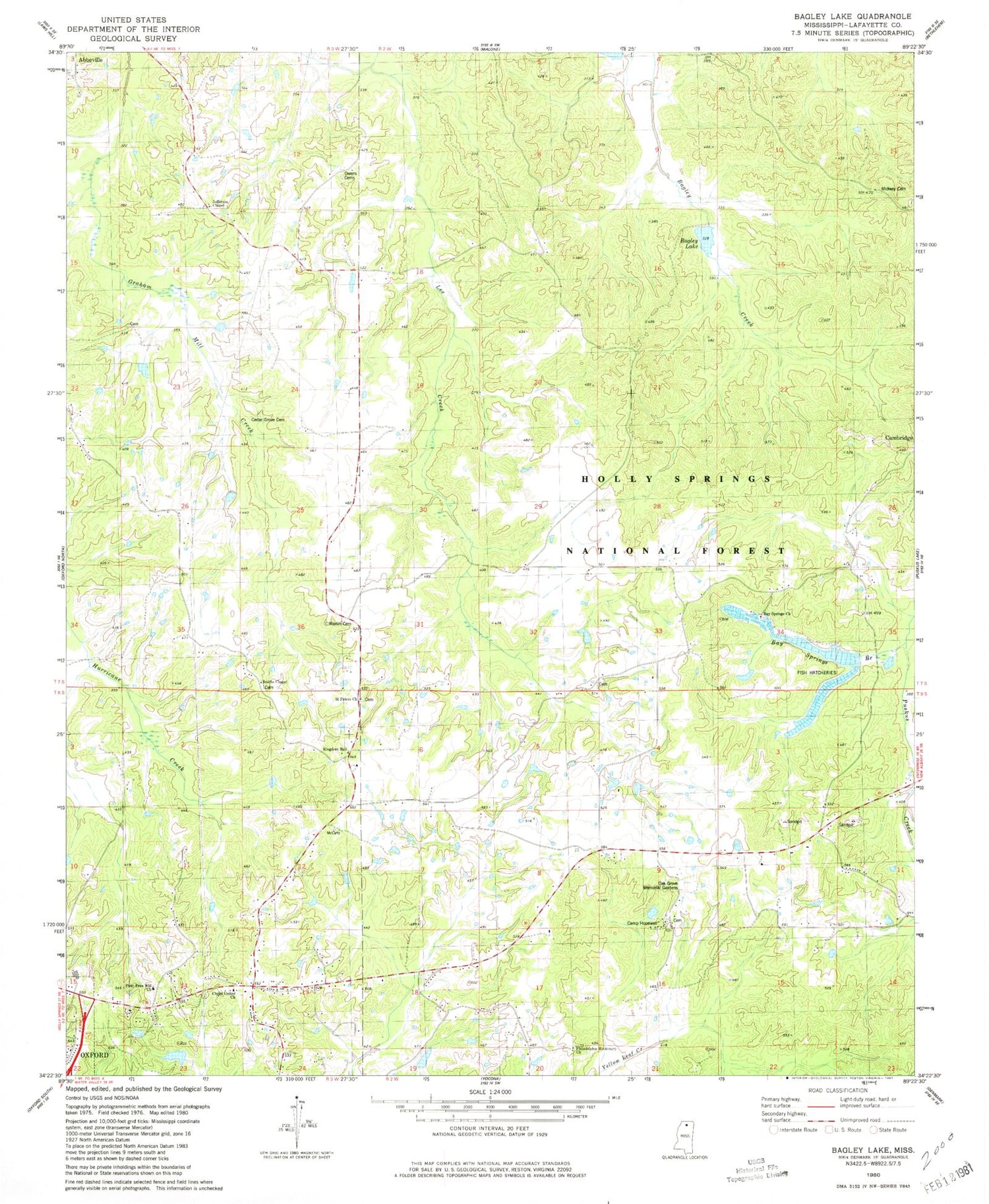 Classic USGS Bagley Lake Mississippi 7.5'x7.5' Topo Map Image