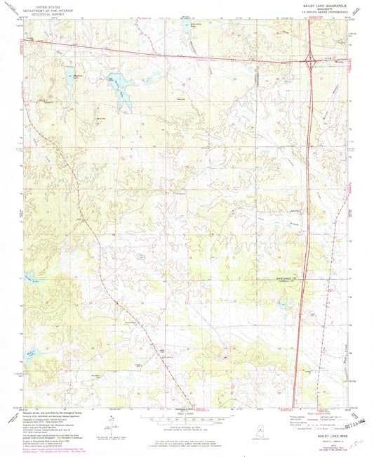 Classic USGS Bailey Lake Mississippi 7.5'x7.5' Topo Map Image