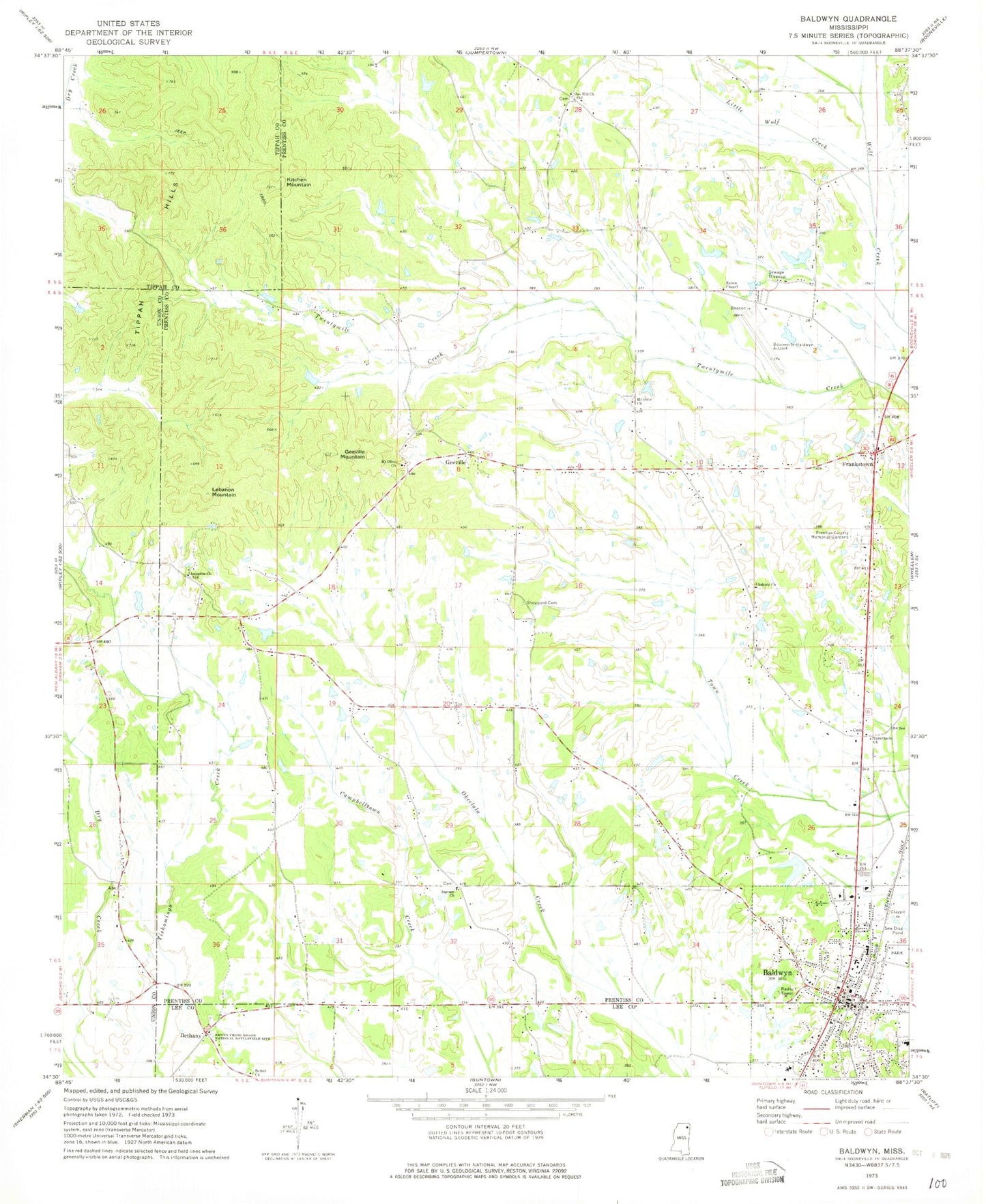 Classic USGS Baldwyn Mississippi 7.5'x7.5' Topo Map Image