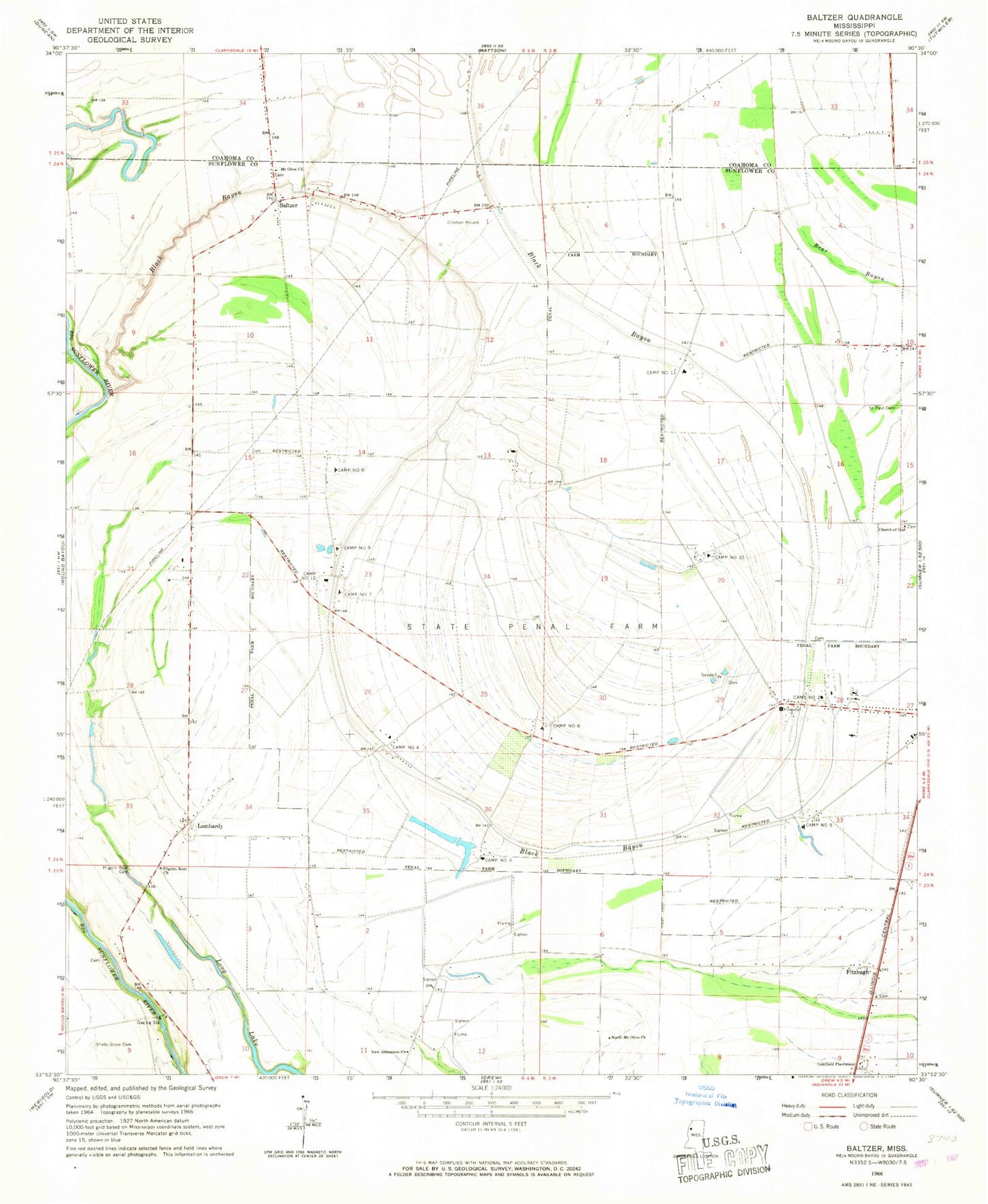 Classic USGS Baltzer Mississippi 7.5'x7.5' Topo Map Image