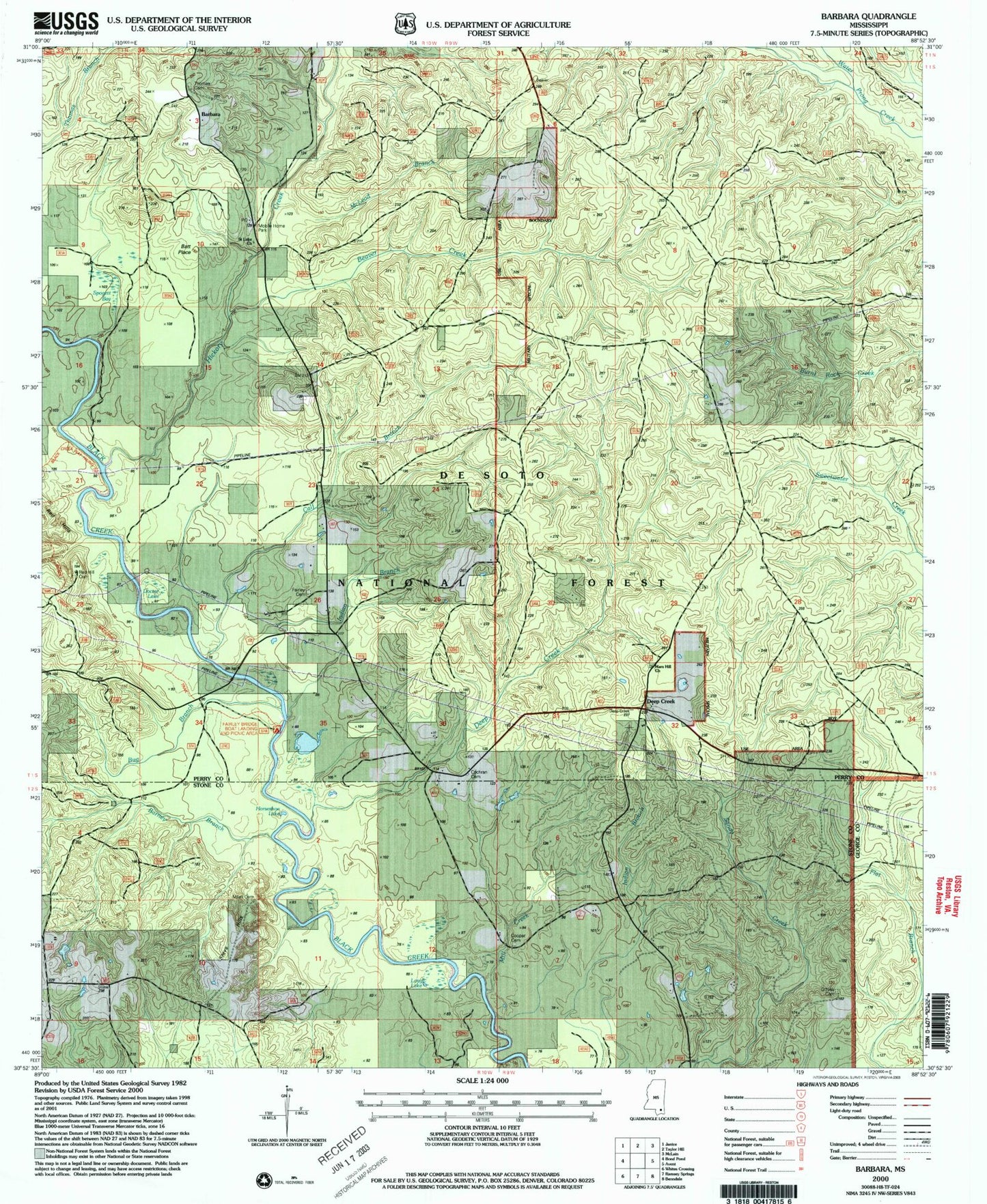 Classic USGS Barbara Mississippi 7.5'x7.5' Topo Map Image