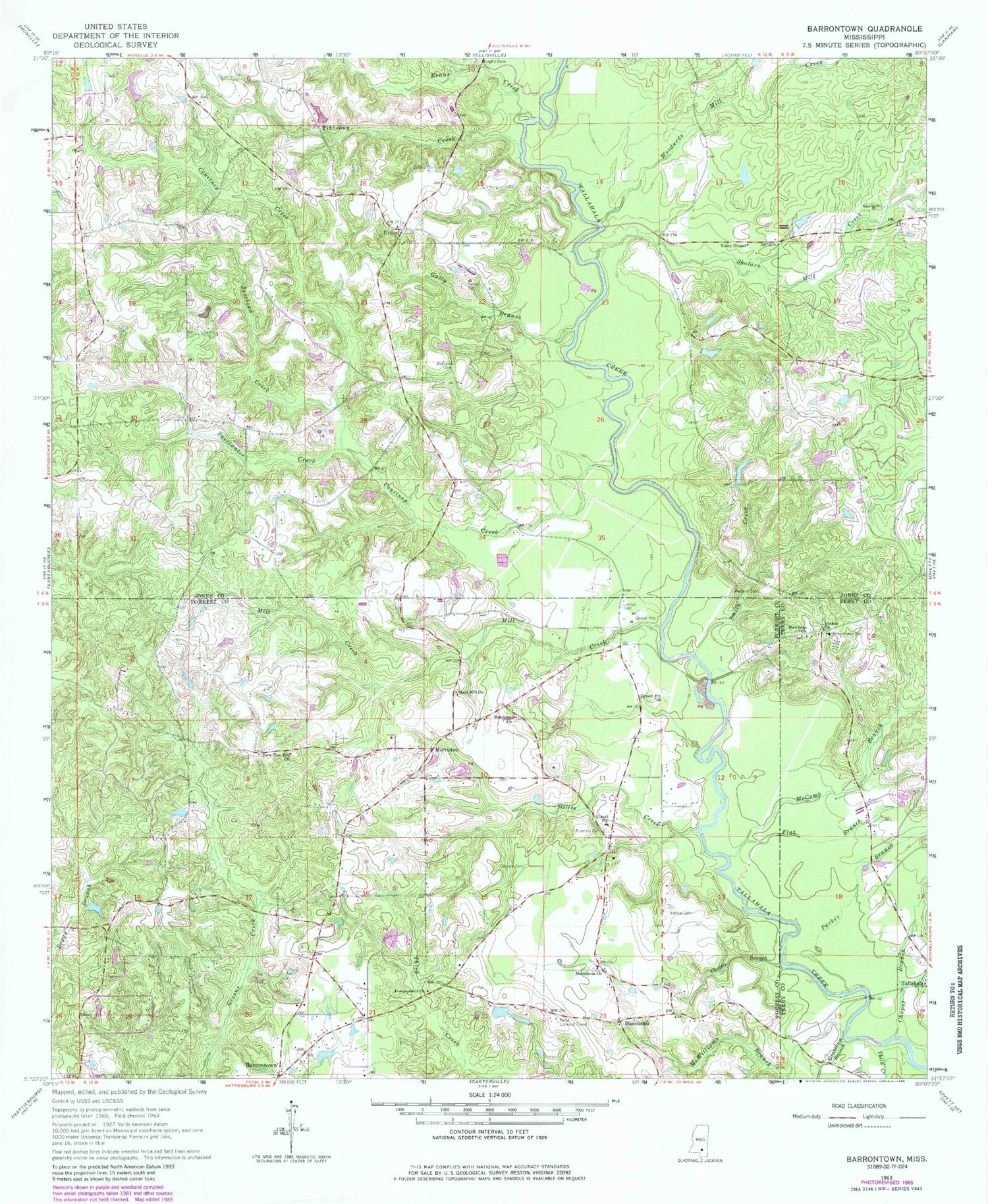 Classic USGS Barrontown Mississippi 7.5'x7.5' Topo Map Image
