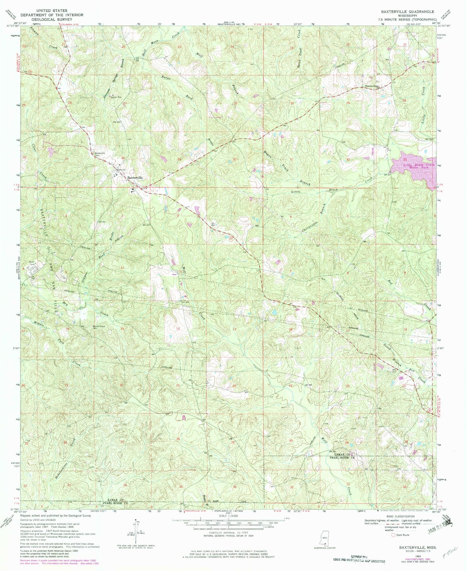 Classic USGS Baxterville Mississippi 7.5'x7.5' Topo Map Image