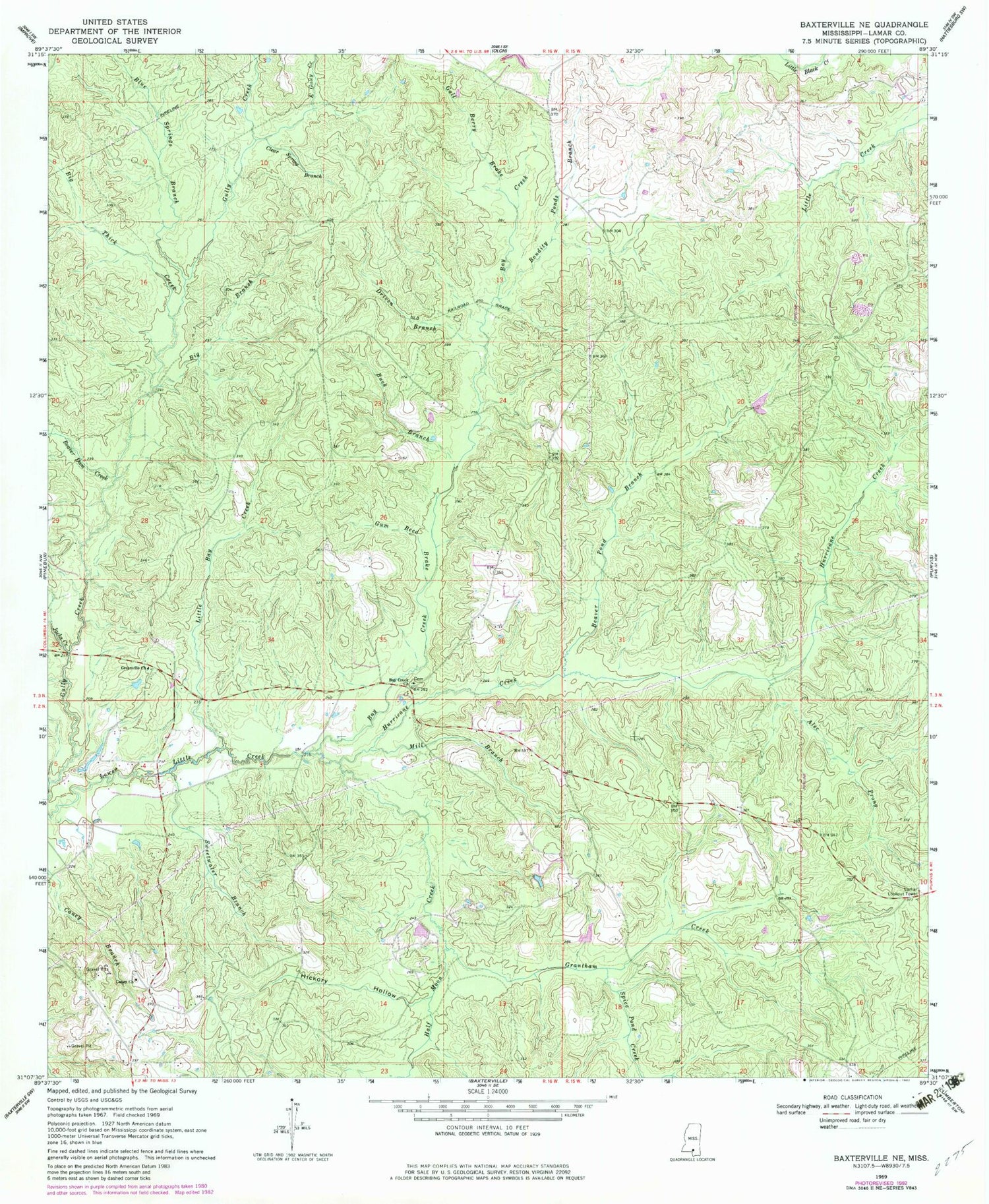 Classic USGS Baxterville NE Mississippi 7.5'x7.5' Topo Map Image