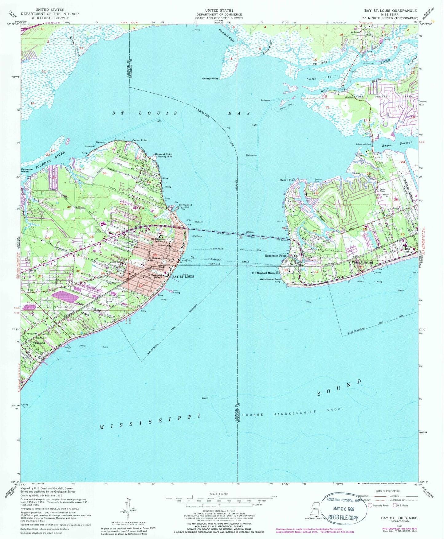 Classic USGS Bay Saint Louis Mississippi 7.5'x7.5' Topo Map Image