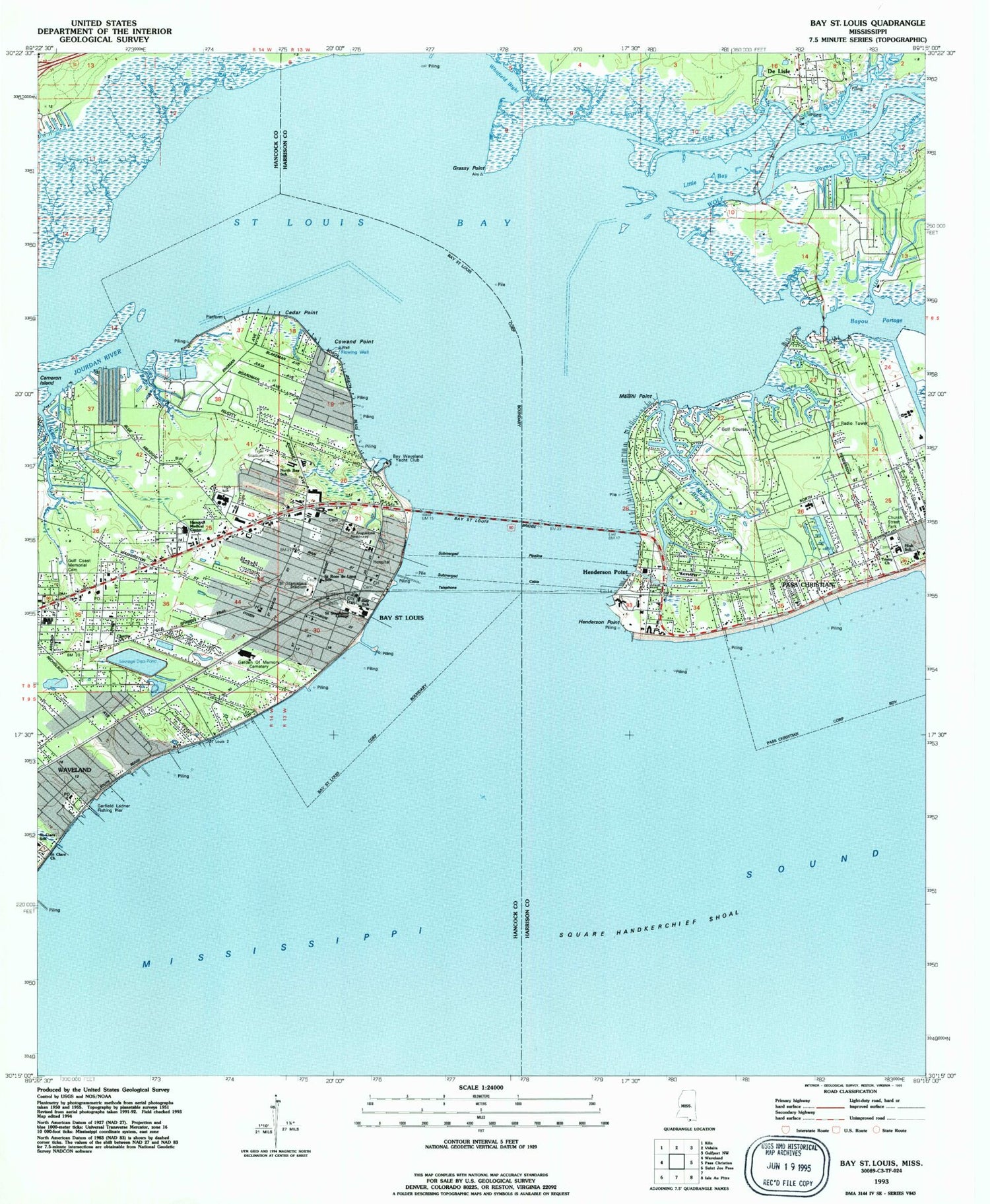 Classic USGS Bay Saint Louis Mississippi 7.5'x7.5' Topo Map Image