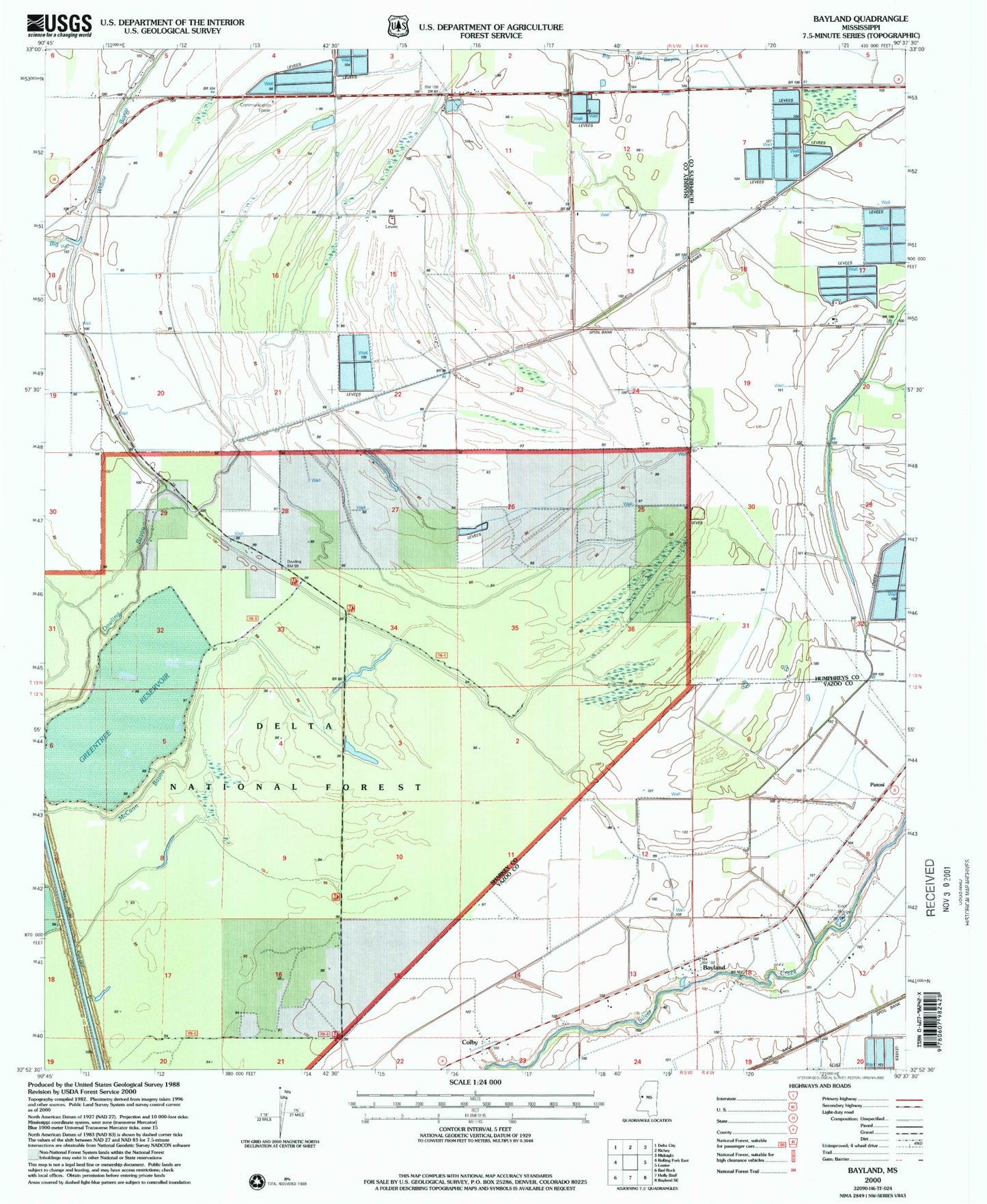 Classic USGS Bayland Mississippi 7.5'x7.5' Topo Map Image