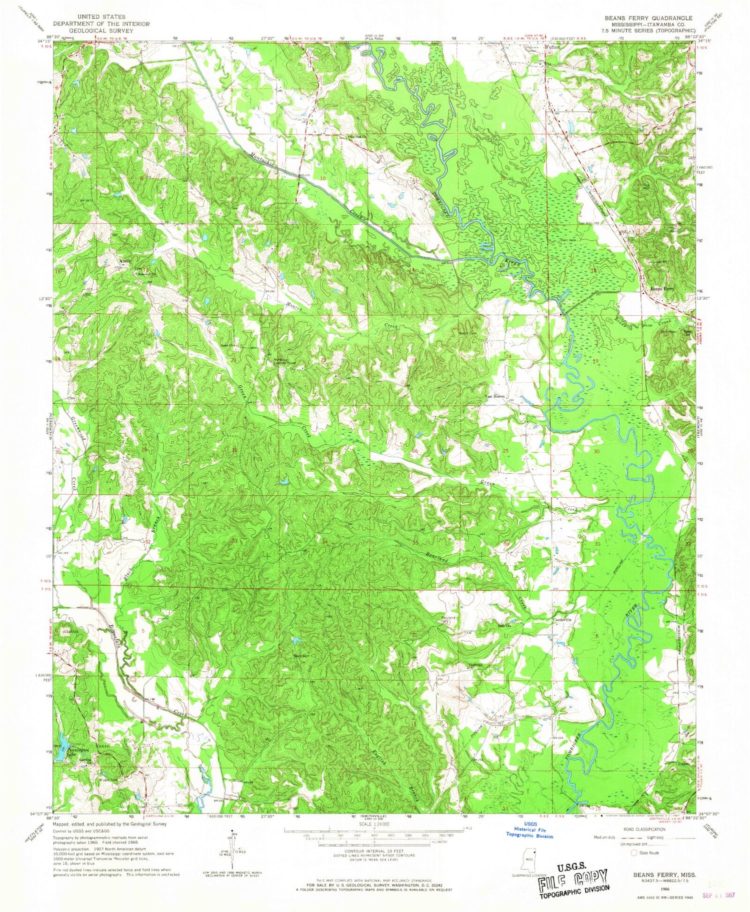 Classic USGS Beans Ferry Mississippi 7.5'x7.5' Topo Map Image