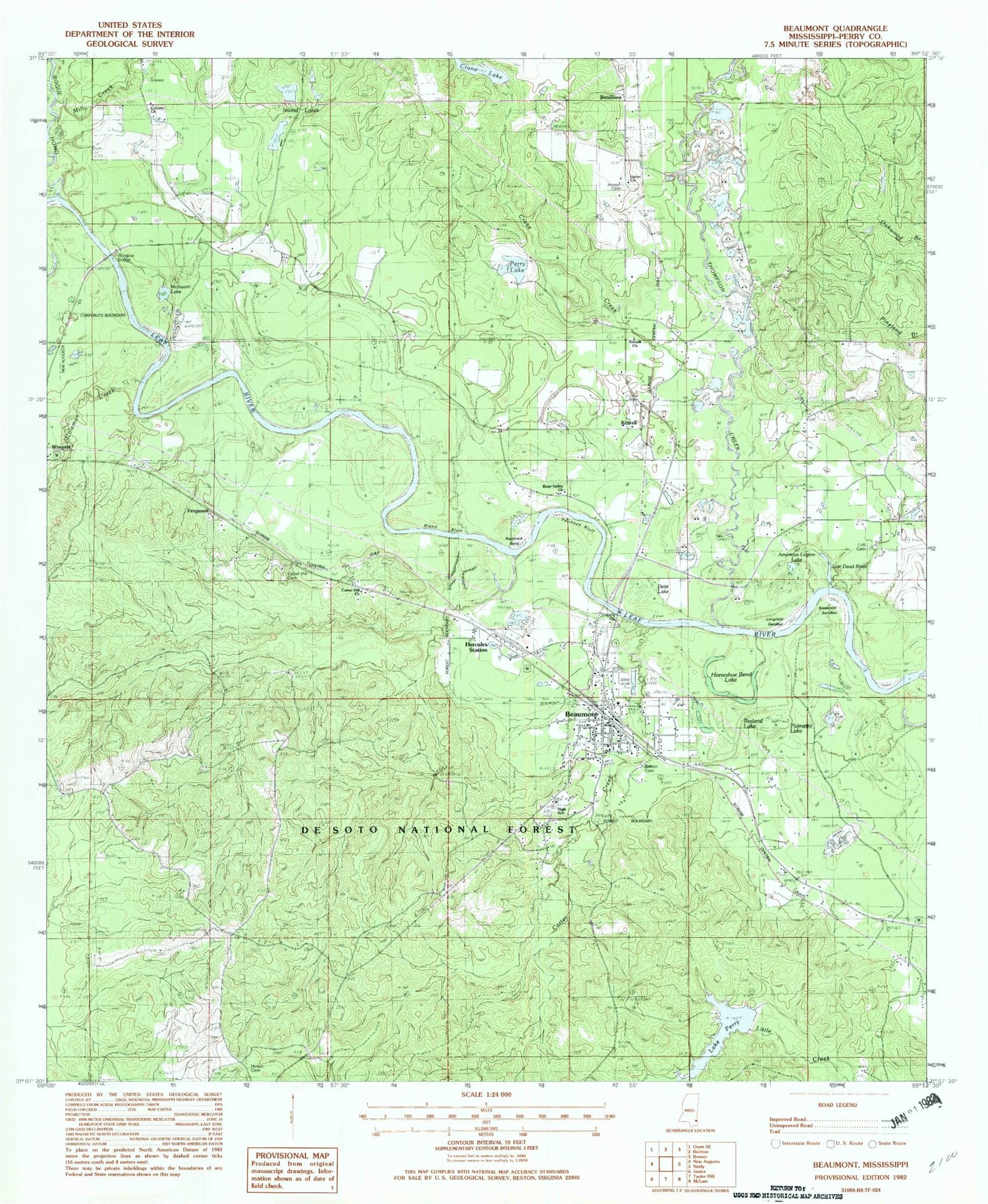 Classic USGS Beaumont Mississippi 7.5'x7.5' Topo Map Image