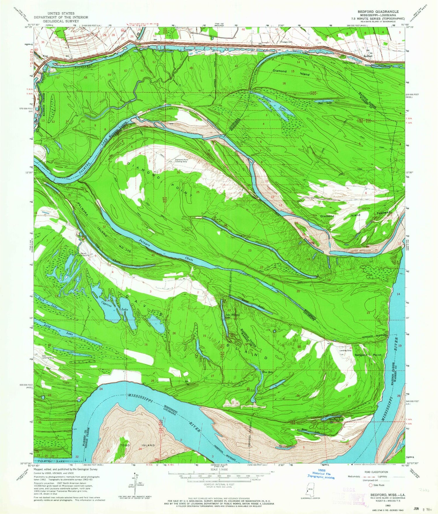 Classic USGS Bedford Louisiana 7.5'x7.5' Topo Map Image