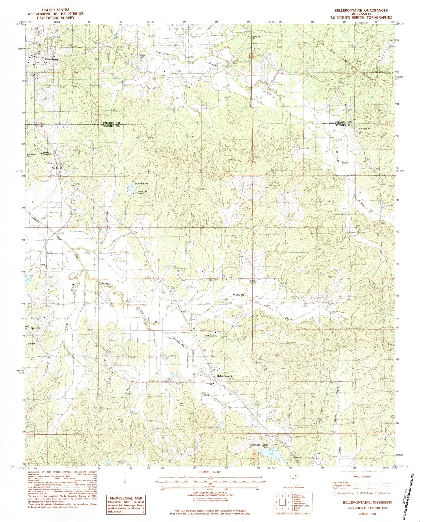 Classic USGS Bellefontaine Mississippi 7.5'x7.5' Topo Map Image