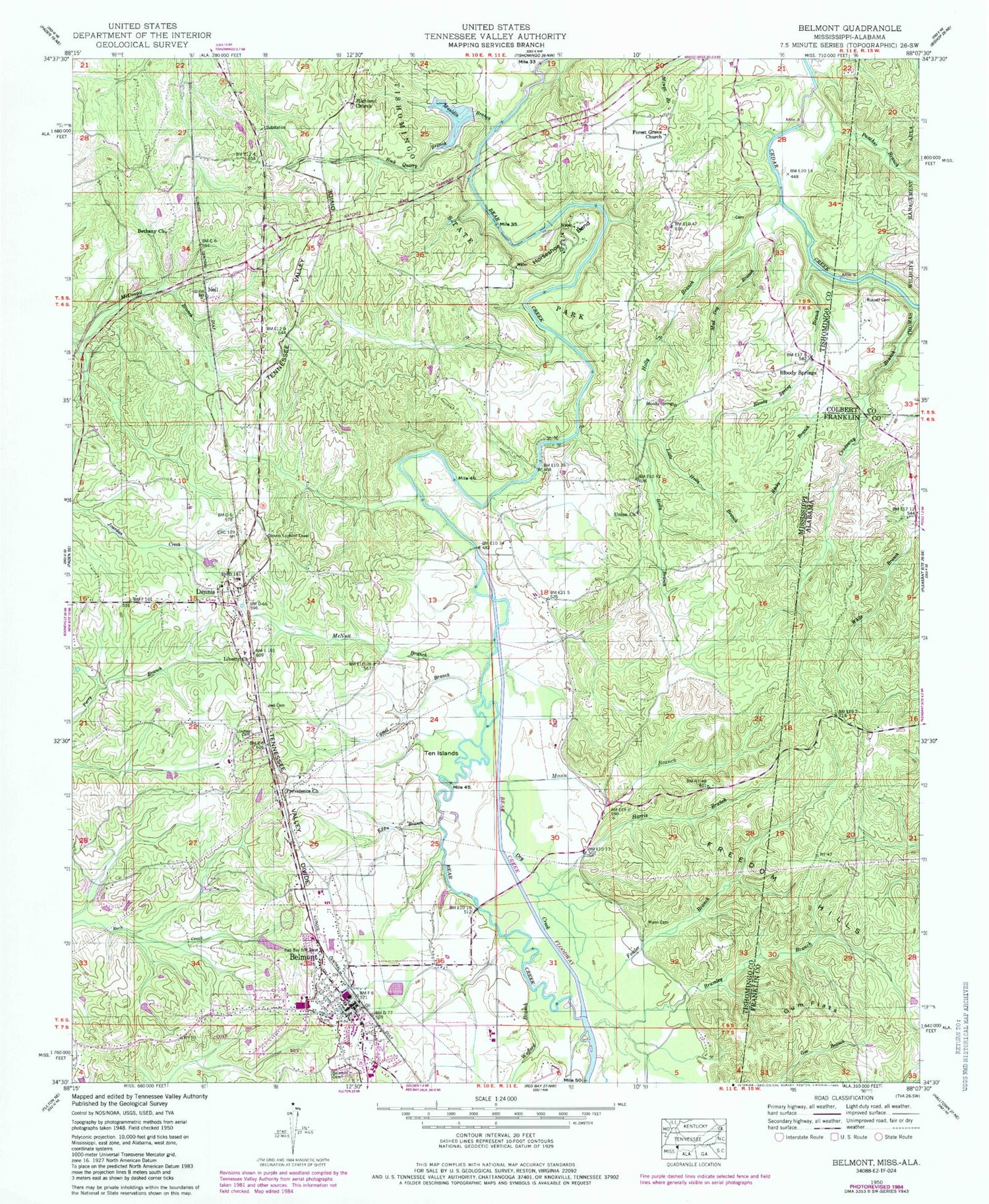 Classic USGS Belmont Mississippi 7.5'x7.5' Topo Map Image