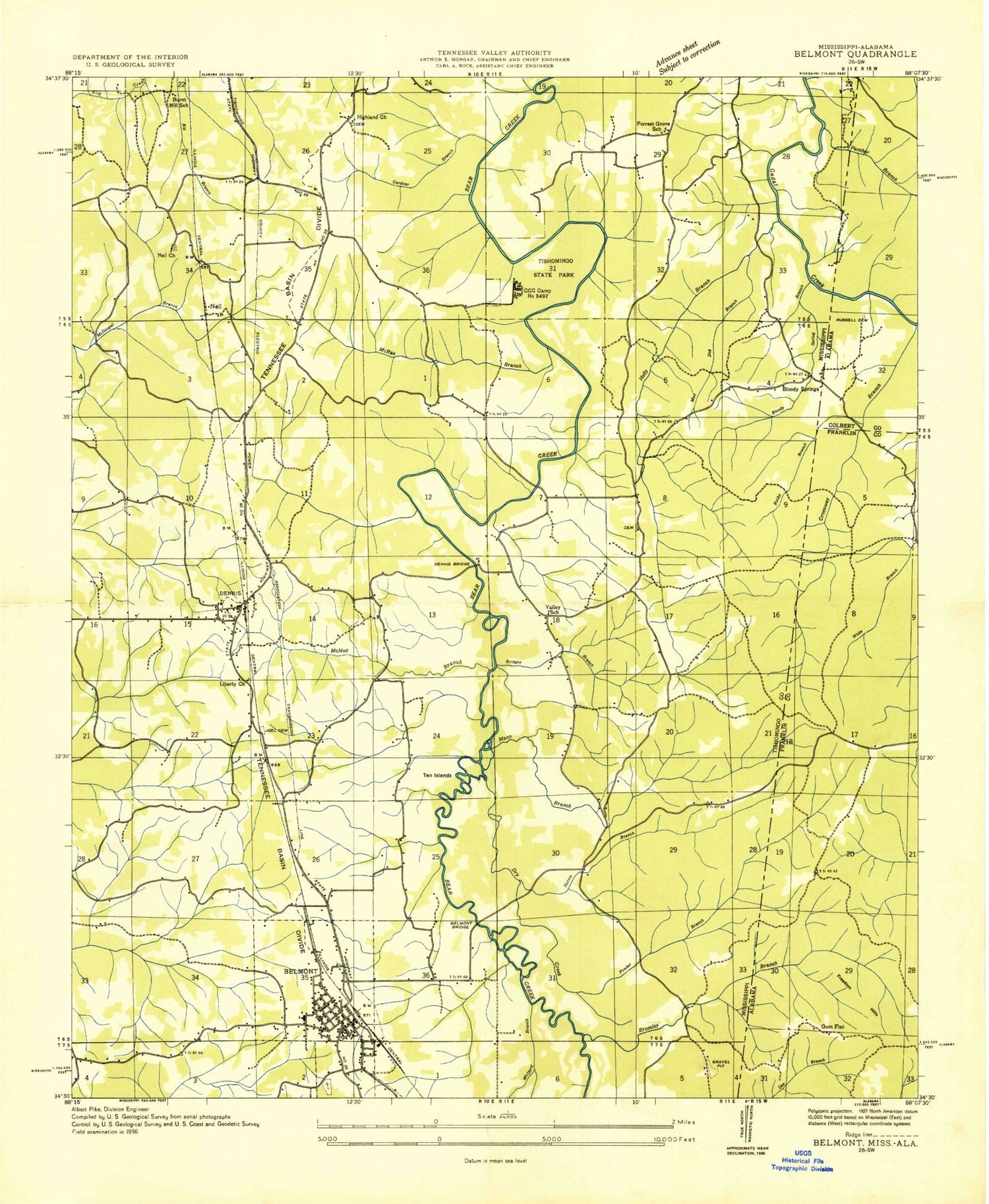 Classic USGS Belmont Mississippi 7.5'x7.5' Topo Map Image