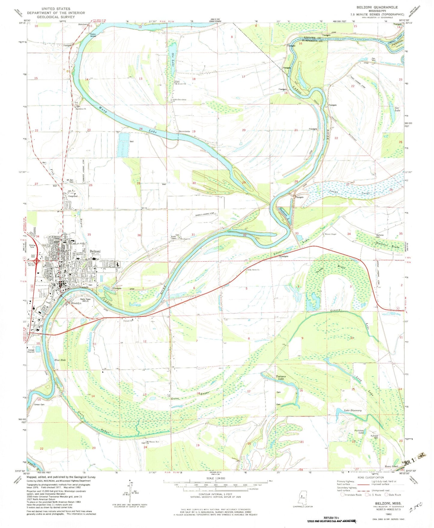 Classic USGS Belzoni Mississippi 7.5'x7.5' Topo Map Image