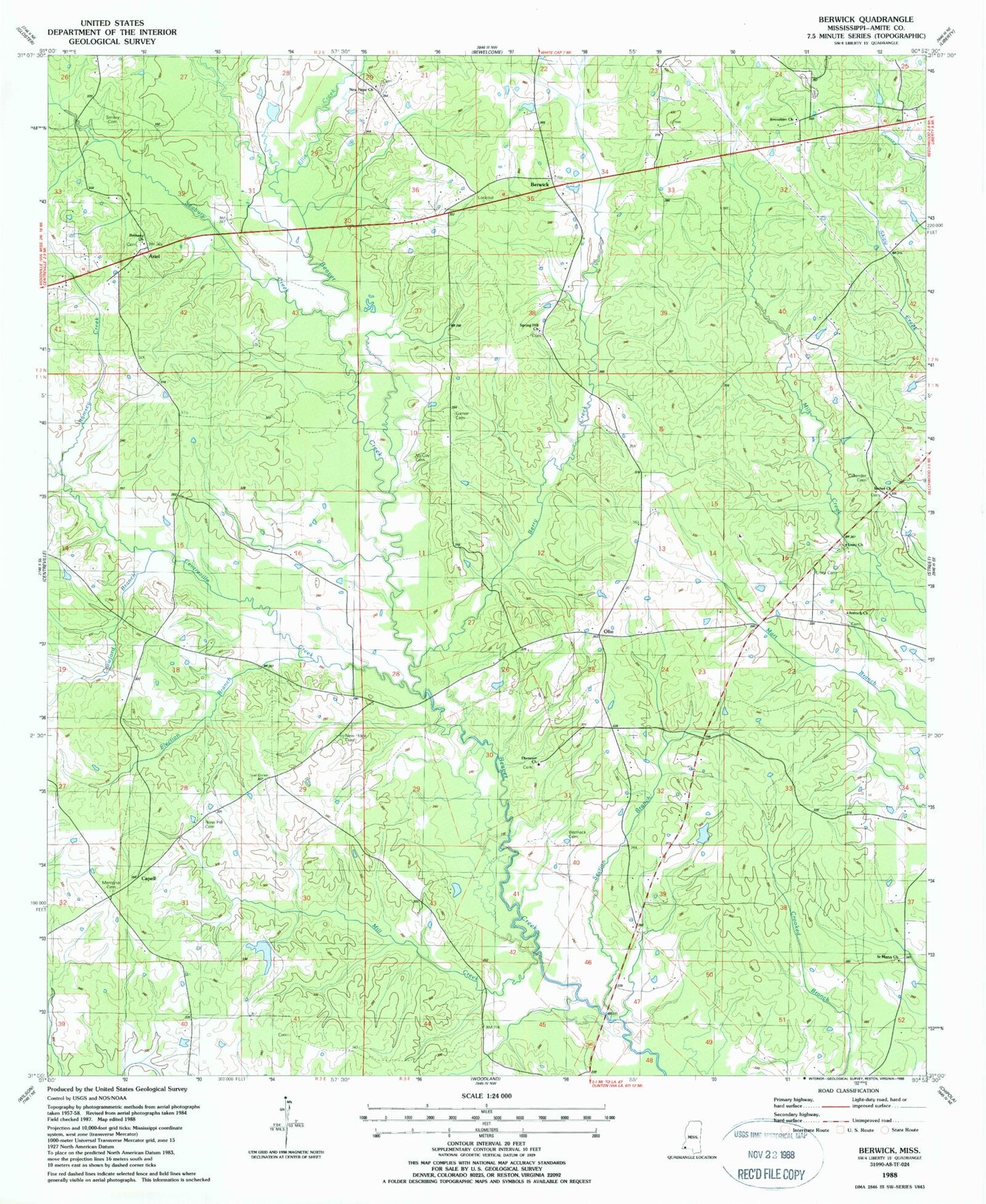 Classic USGS Berwick Mississippi 7.5'x7.5' Topo Map Image