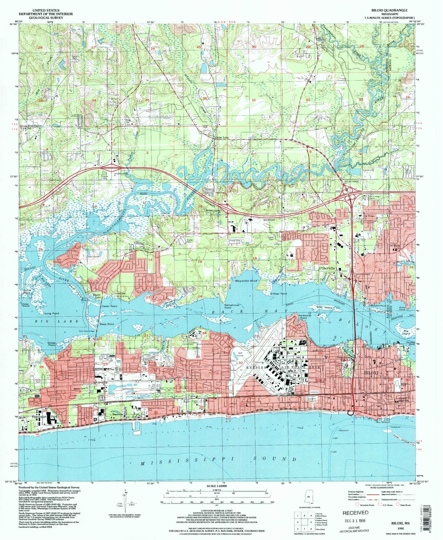 Classic USGS Biloxi Mississippi 7.5'x7.5' Topo Map Image
