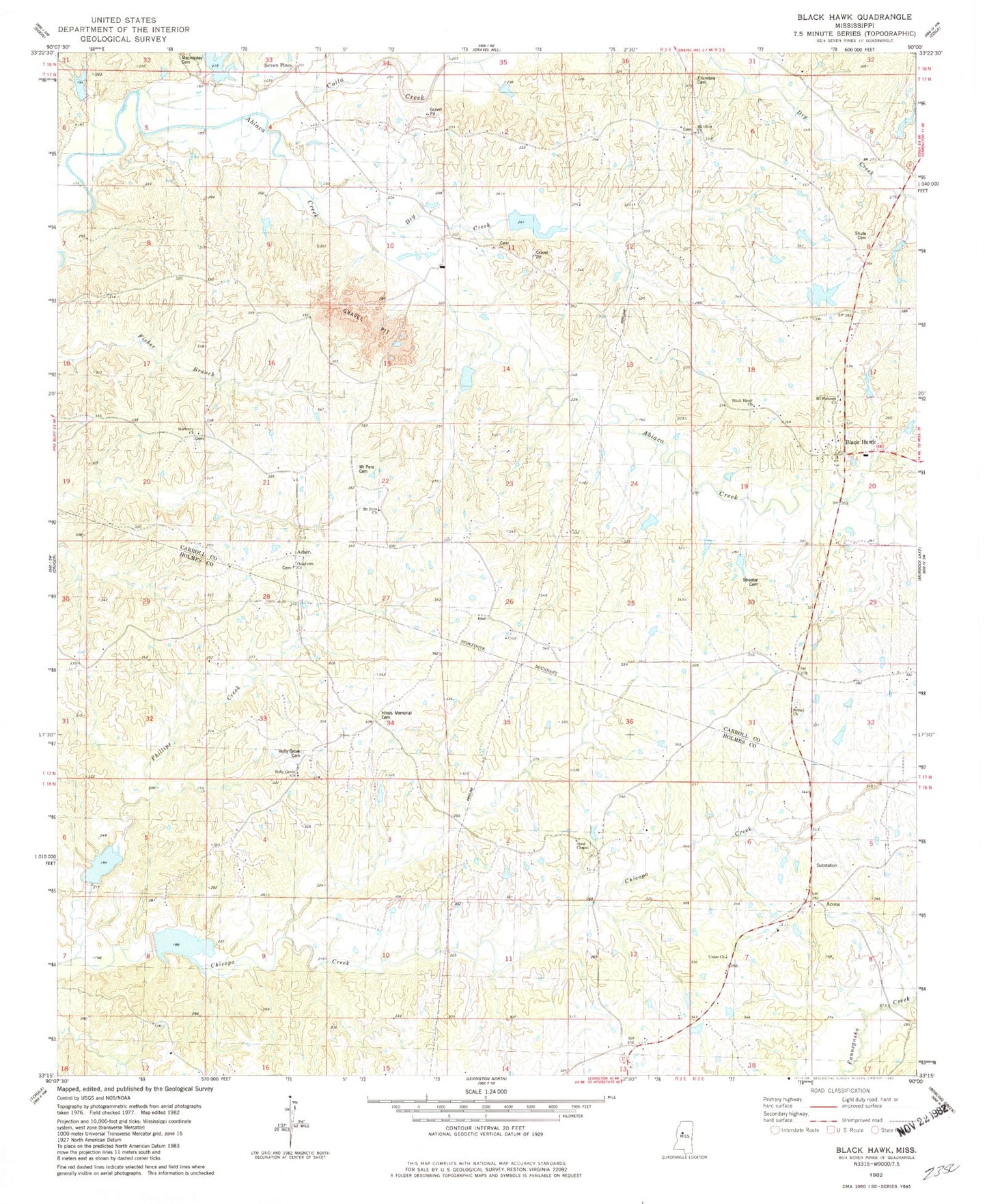 Classic USGS Black Hawk Mississippi 7.5'x7.5' Topo Map Image