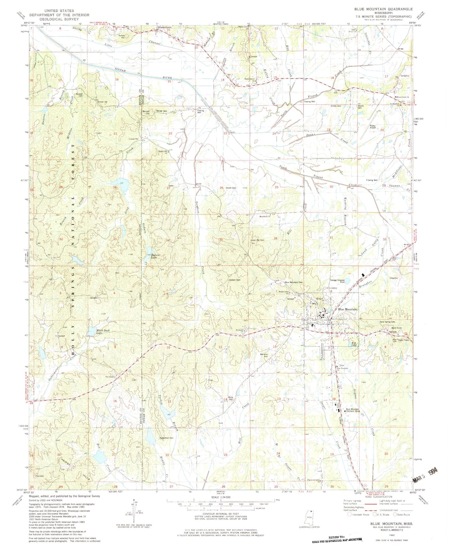 Classic USGS Blue Mountain Mississippi 7.5'x7.5' Topo Map Image
